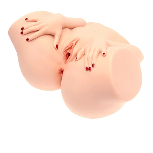 A realistic silicone female reproductive system model with detailed skin texture and red fingernails.