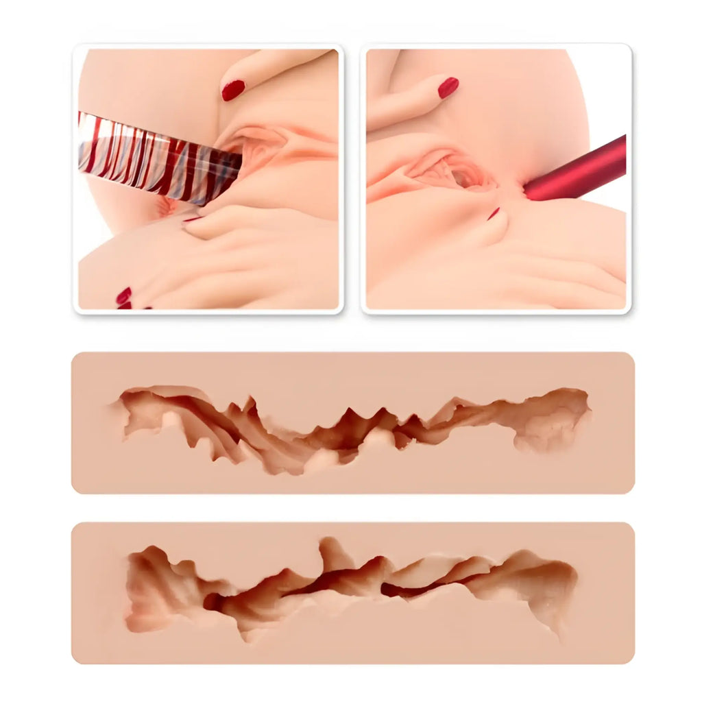 Red and silver striped medical instrument being inserted into naked factory spread me pussy and anal masturbator torso barbie