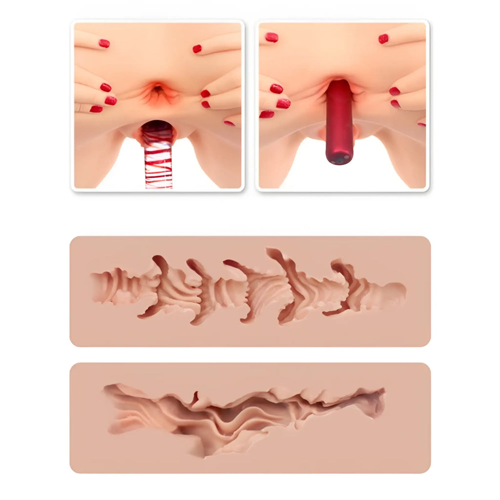 Red silicone dildo with textured surface and realistic design in naked factory spread me masturbator torso monica product