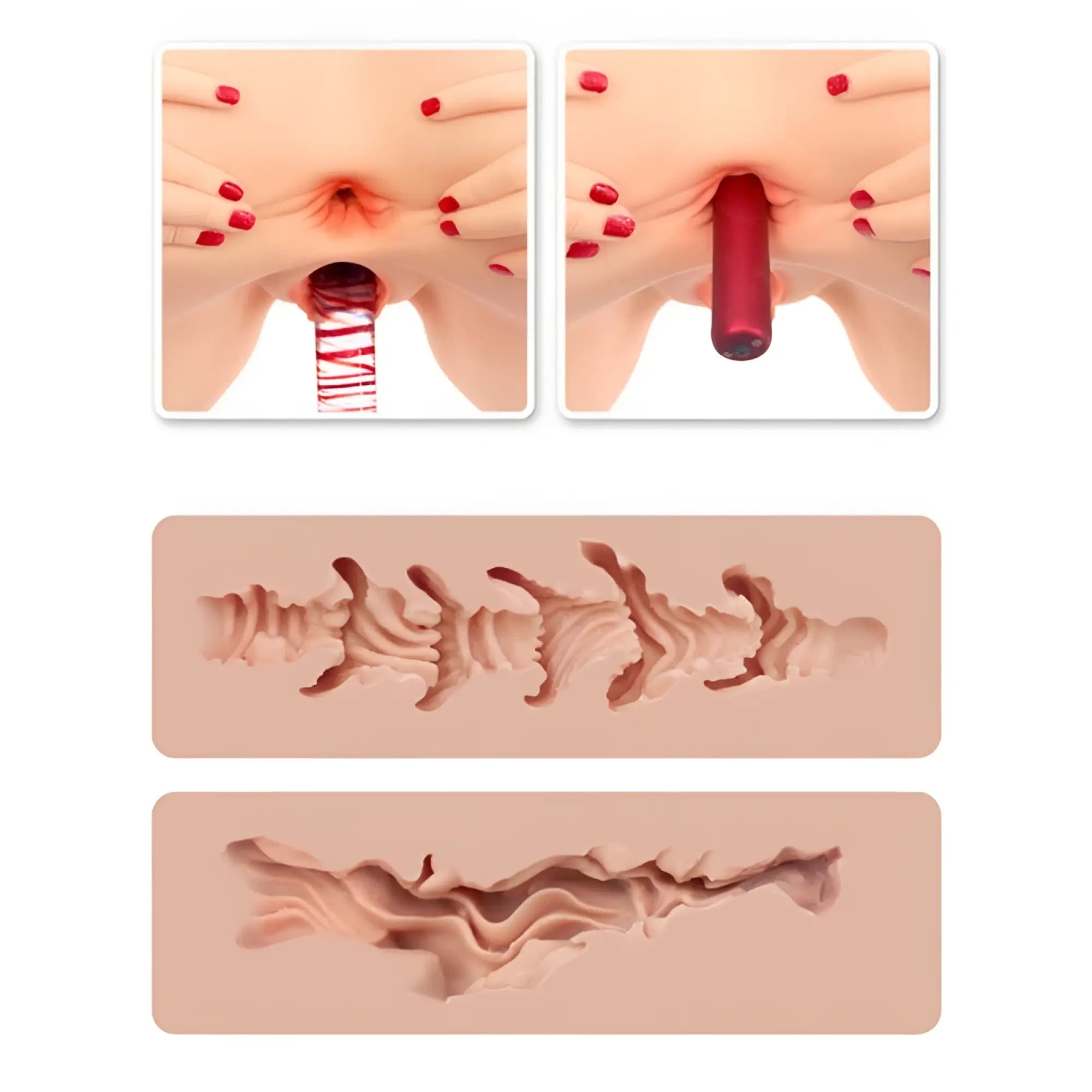 Red silicone dildo with textured surface and realistic design in naked factory spread me masturbator torso monica product