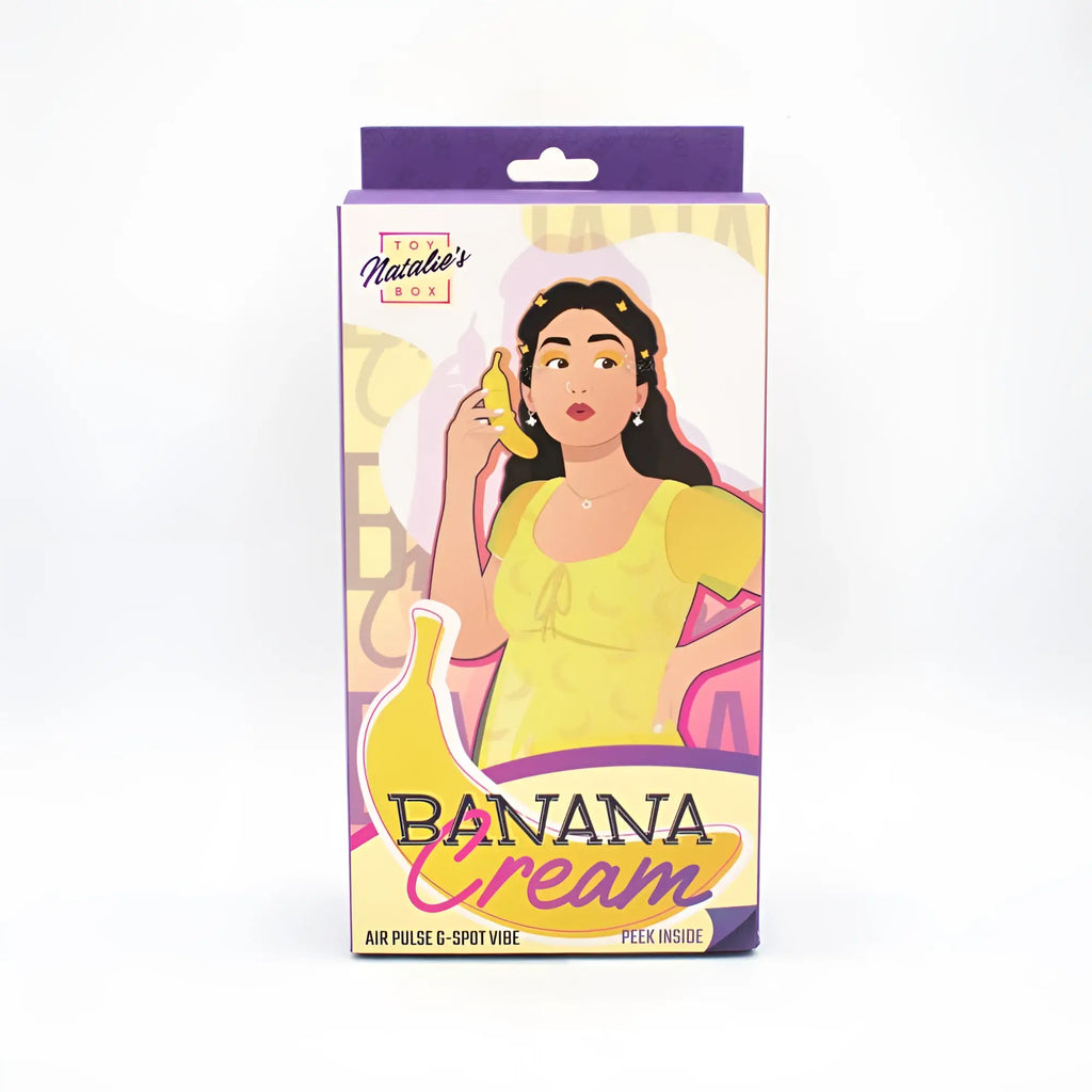 A vibrant yellow and purple natalies toy box banana cream air pulse g spot vibrator with cartoon woman holding banana on packaging
