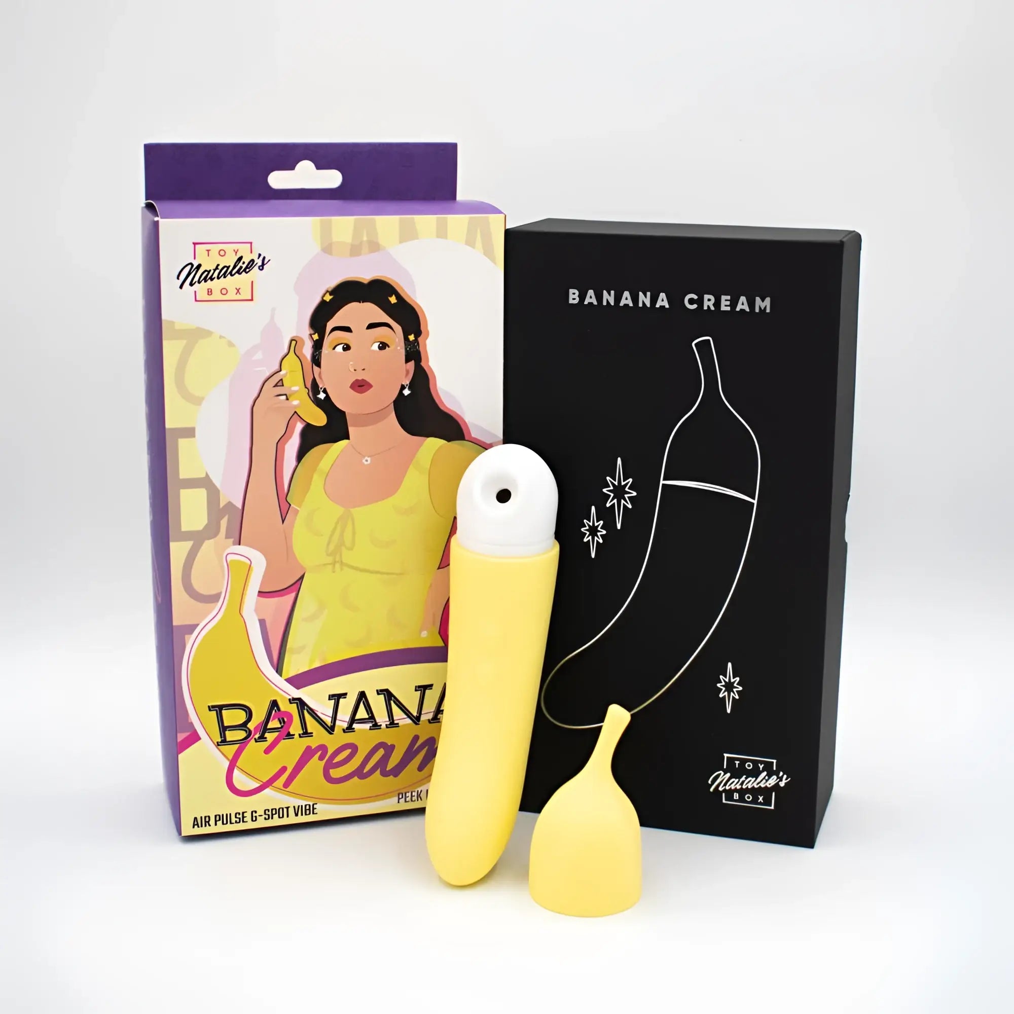 Yellow banana-shaped air pulse g-spot vibrator with white rounded top and matching yellow bulb attachment from Natalies Toy Box