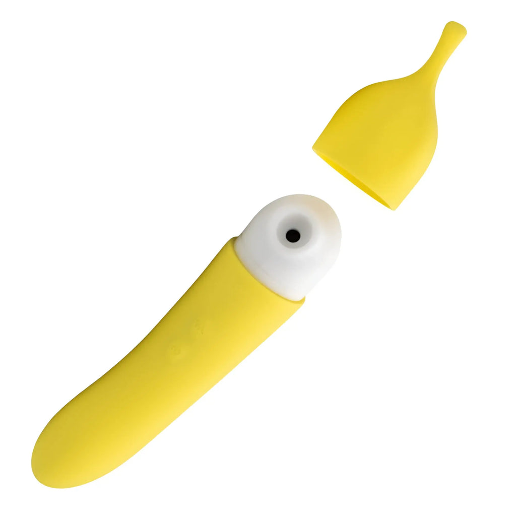 Yellow silicone banana cream air pulse g-spot vibrator with white rounded head and black circular opening