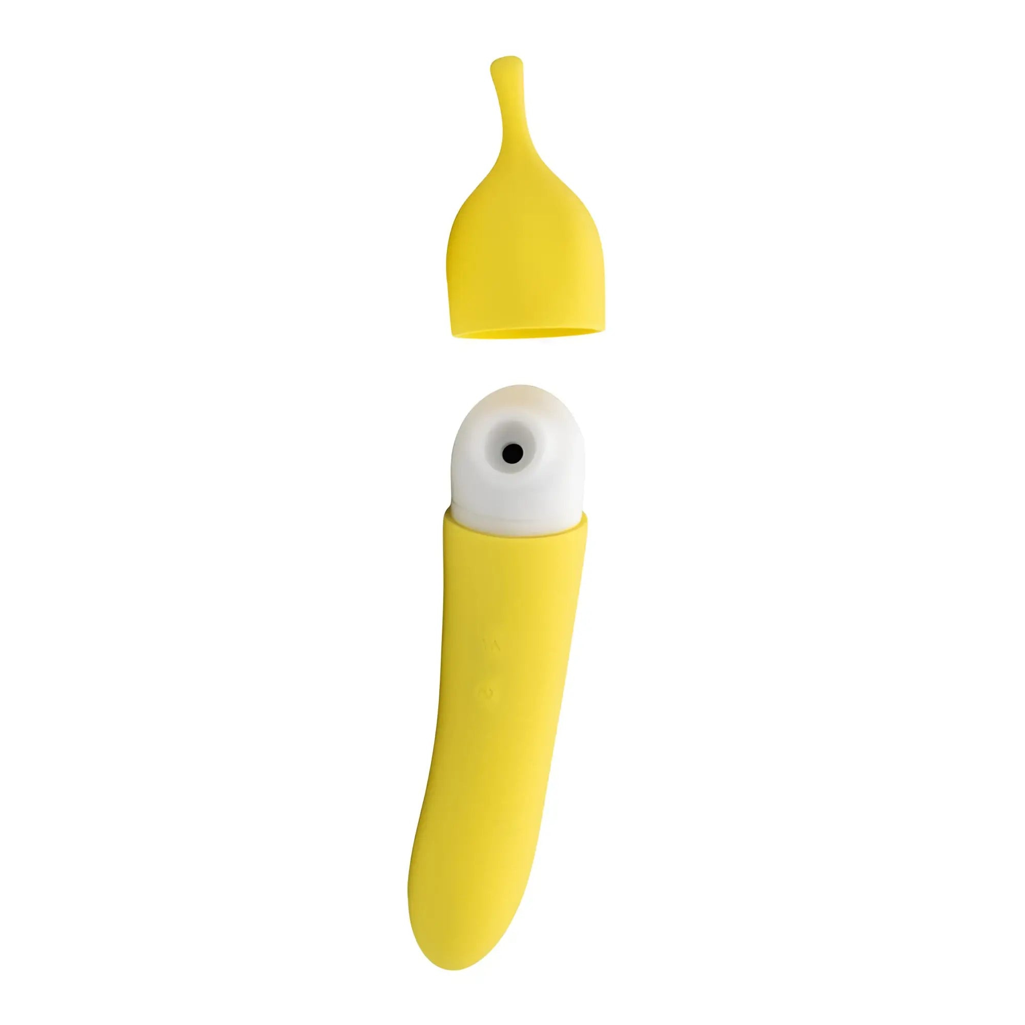 Yellow silicone banana cream air pulse g-spot vibrator with white rounded head and black circular opening from natalies toy box