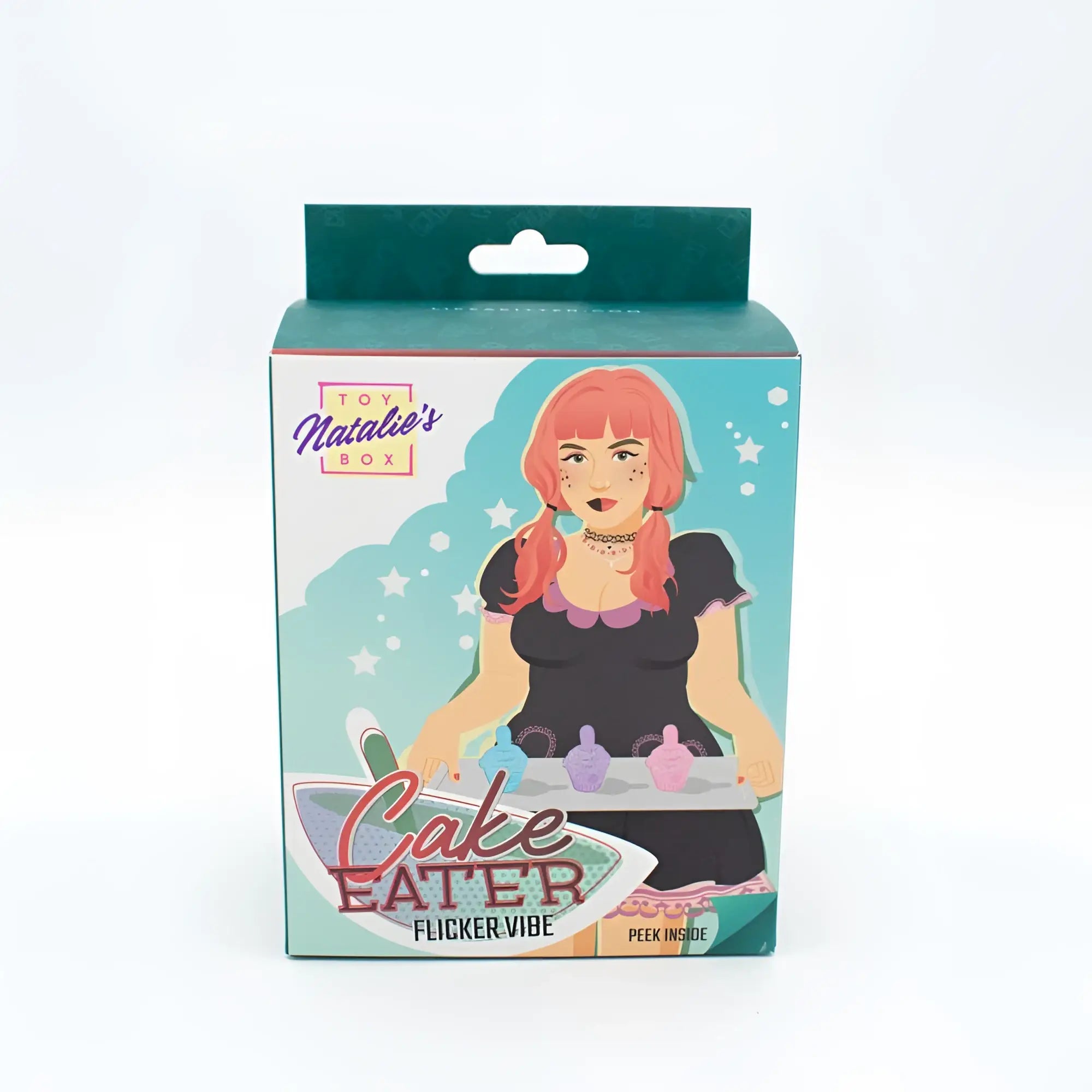 Colorful cardboard box for natalies toy box cake eater clit flicker stimulator blue featuring a woman with pink hair holding cake tools