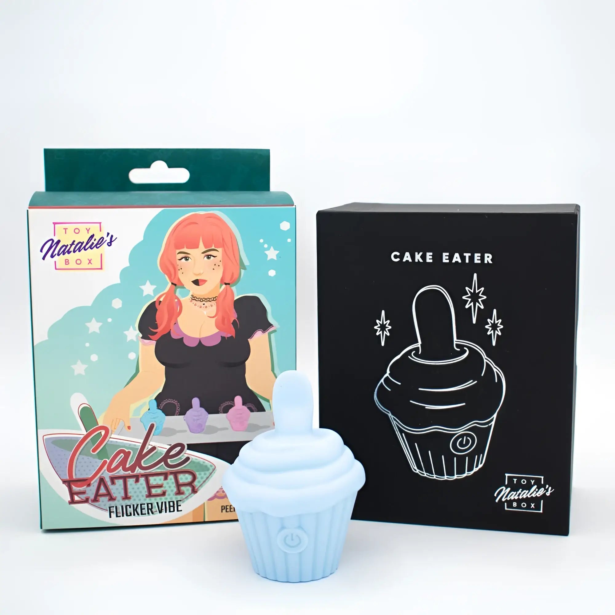 Light blue silicone cupcake-shaped vibrator with textured base and smooth rounded top natalies toy box cake eater clit flicker stimulator