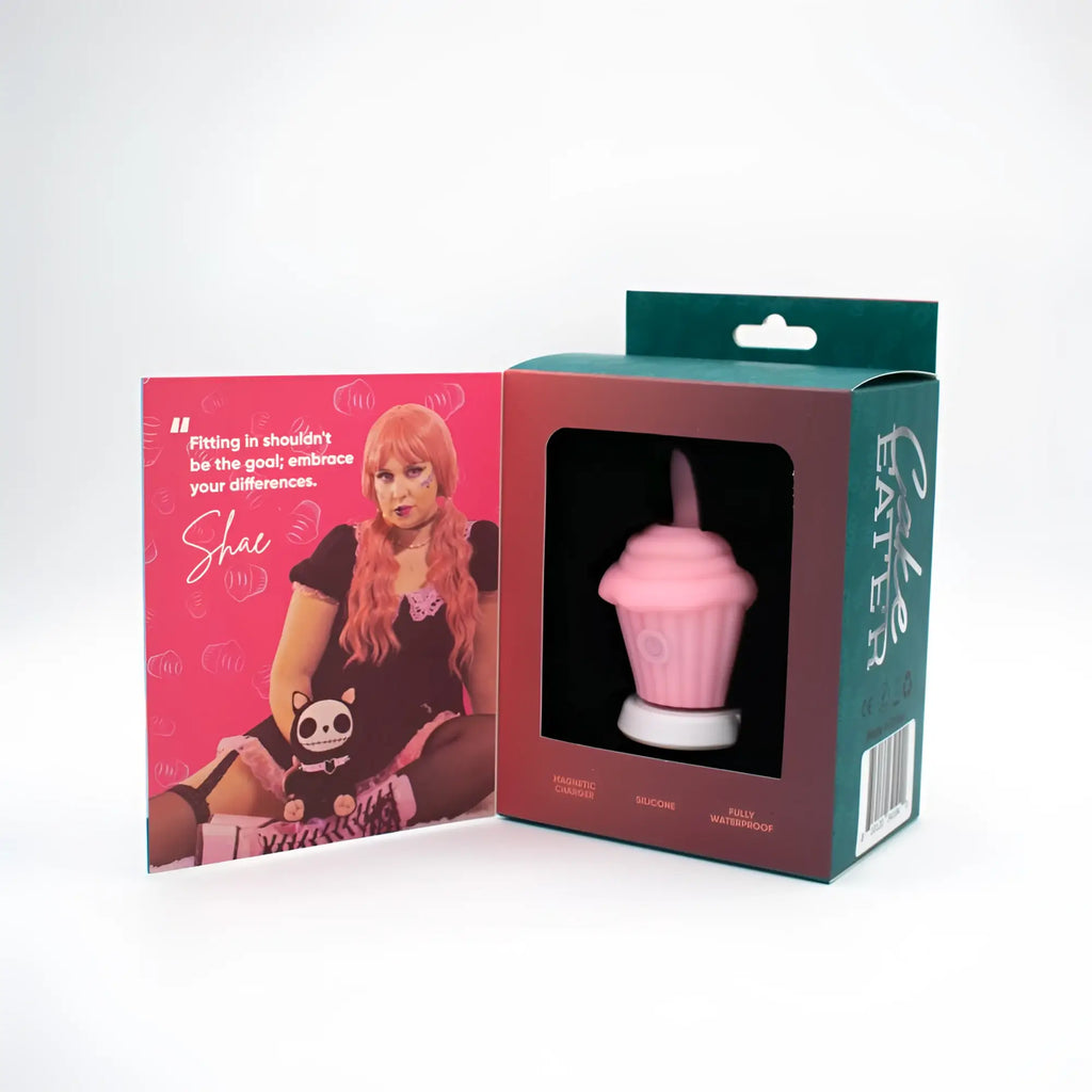 Pink silicone cupcake-shaped clit flicker stimulator in natalies toy box branded packaging for discreet use