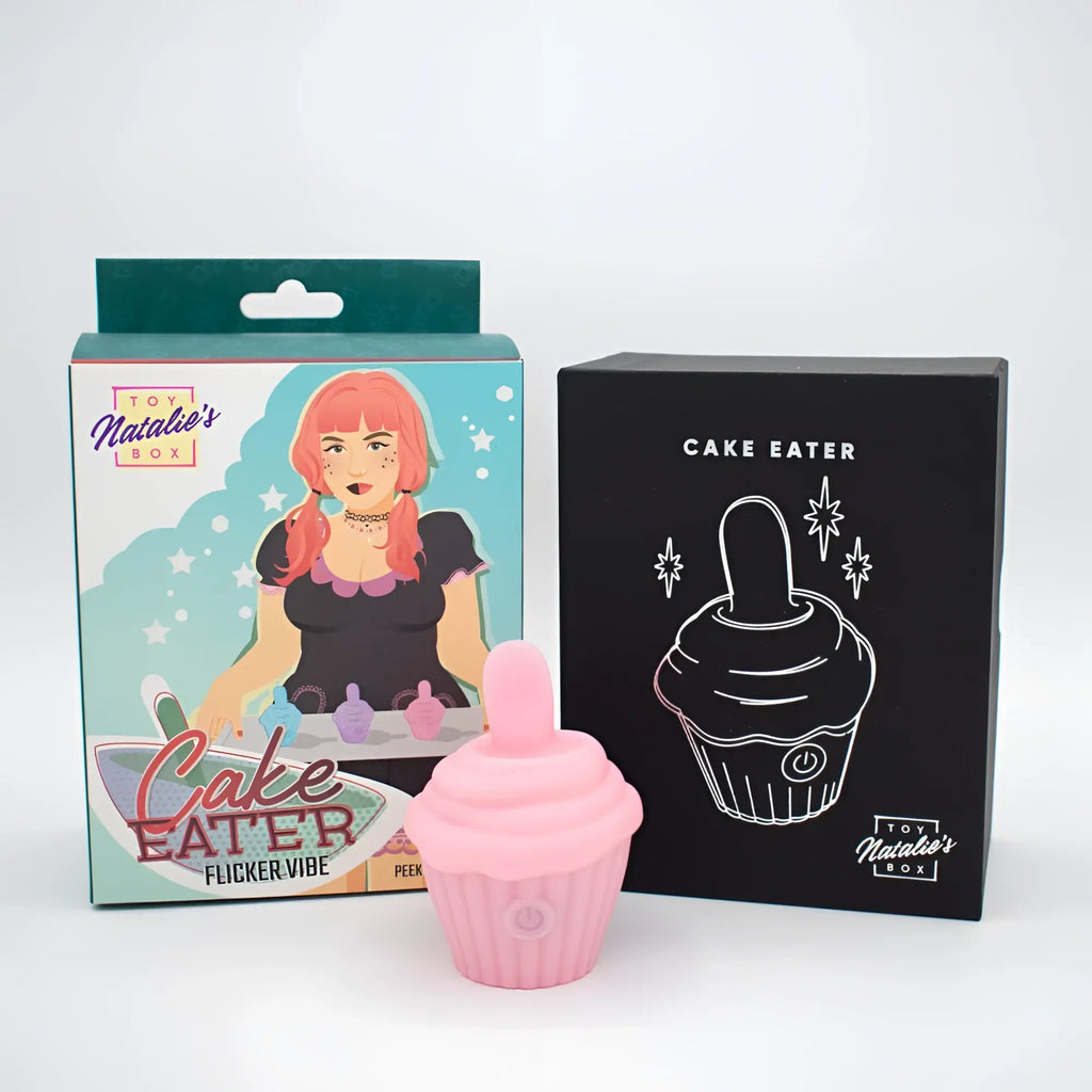Pink silicone cupcake-shaped Natalies Toy Box Cake Eater Clit Flicker stimulator with rounded top and ribbed base
