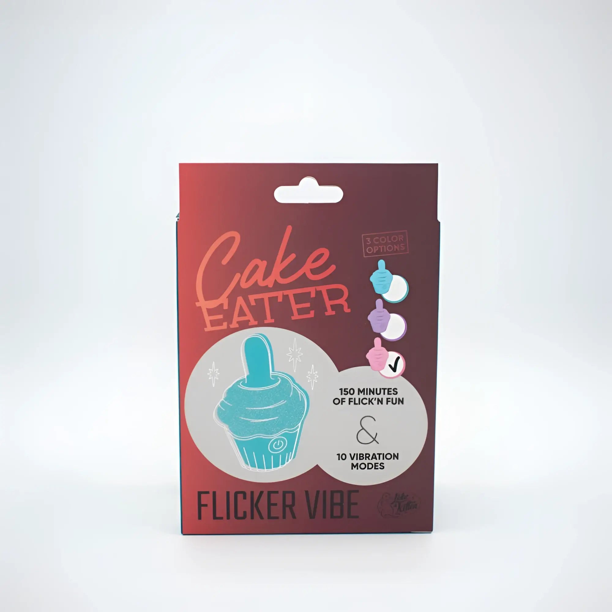 A teal cupcake-shaped flicker vibe toy in a red and maroon box from Natalies Toy Box Cake Eater clit flicker stimulator pink