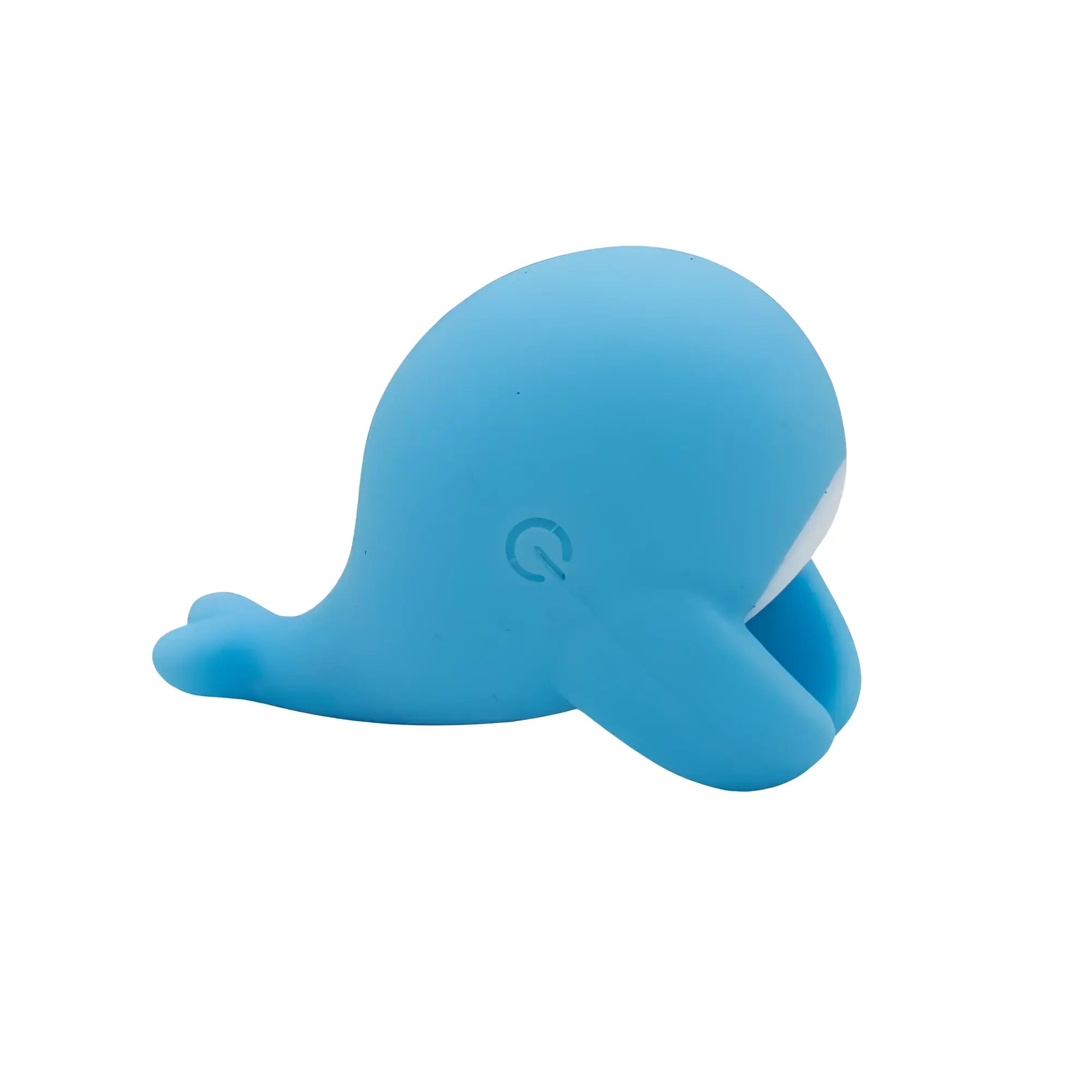 A soft blue silicone whale-shaped finger bullet vibrator with white interior and power button detail from natalies toy box