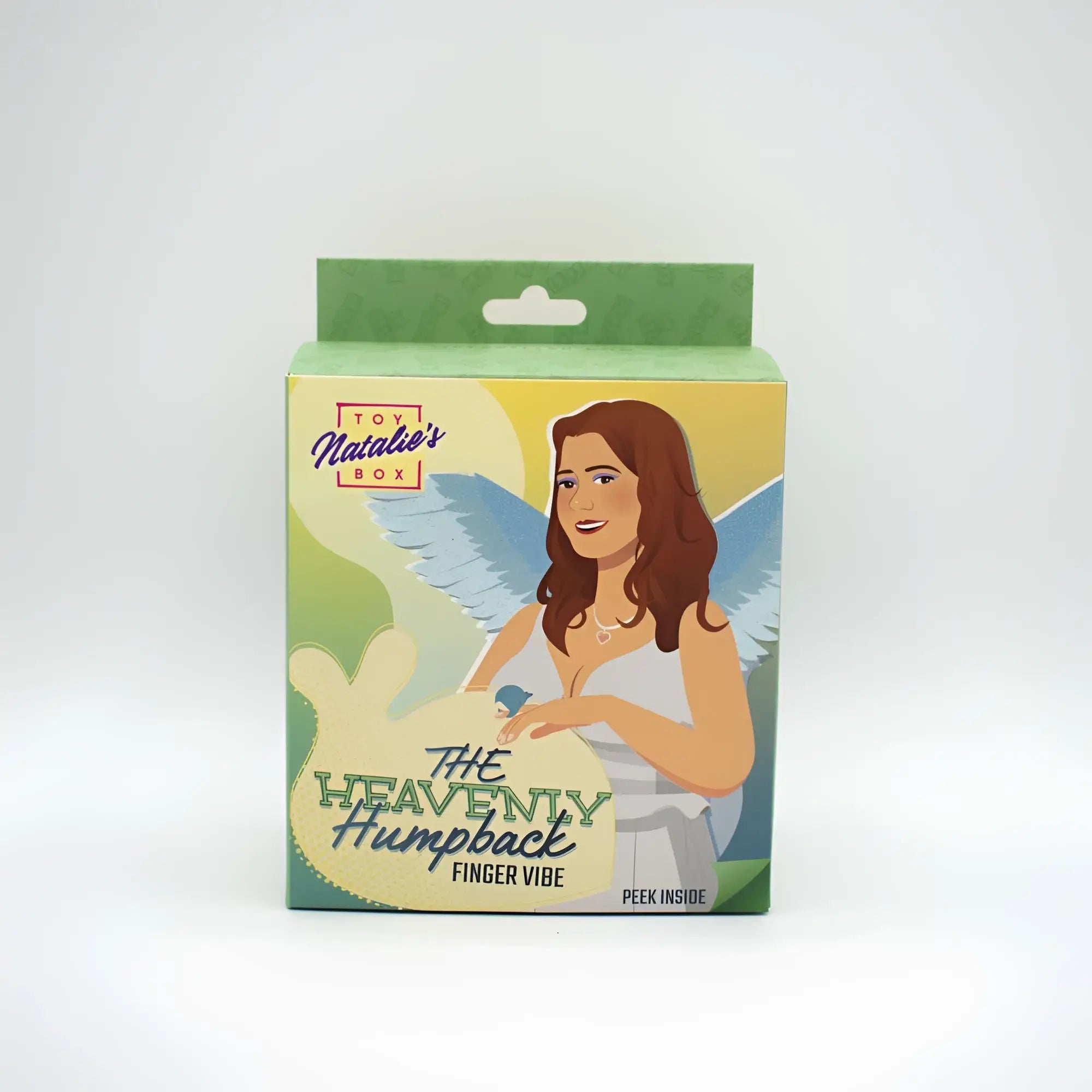 Natalies toy box the heavenly humpback finger bullet vibrator is a green and yellow angel-themed adult toy package