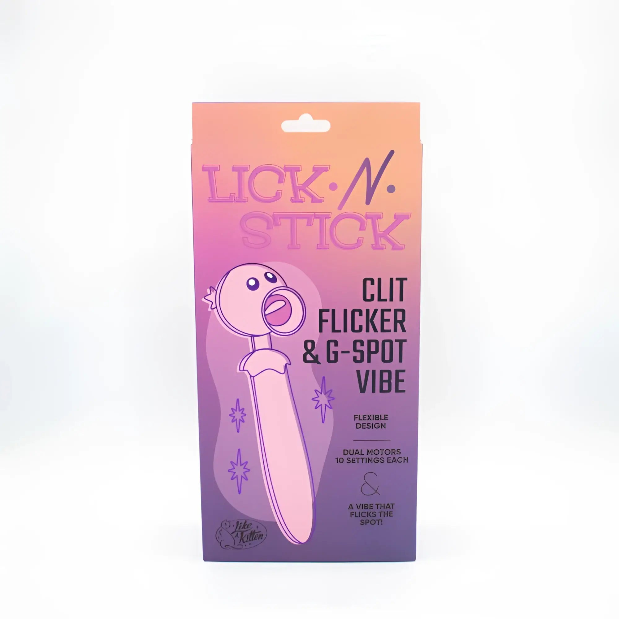Pink and purple gradient packaging of natalies toy box lick n stick clit flicker and g spot vibrator