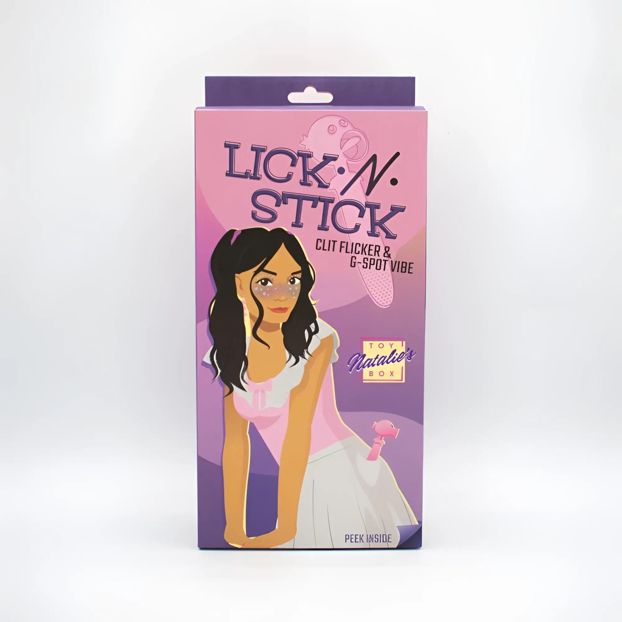 Pink and purple packaged Natalies Toy Box lick n stick clit flicker g-spot vibrator with cartoon woman illustration