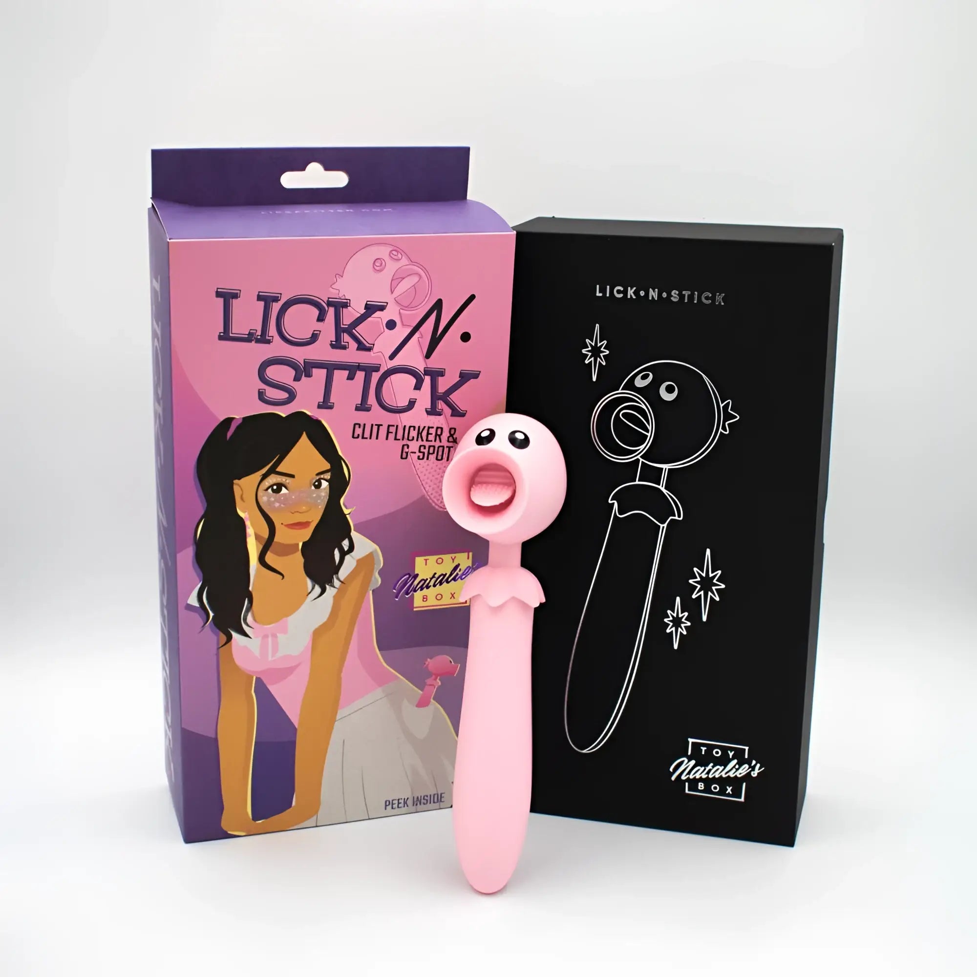 Pink silicone clit flicker and g-spot vibrator with cartoon face and open mouth from Natalies Toy Box lick n stick collection