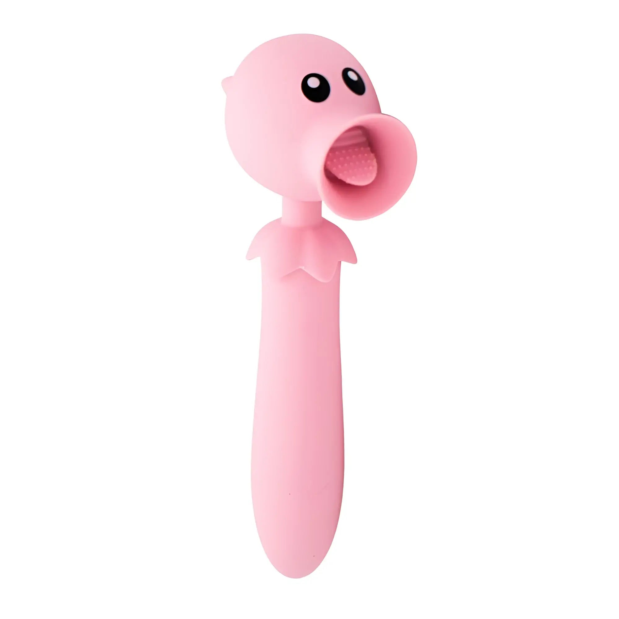 Pink silicone cartoonish plant shaped clit flicker g-spot vibrator with black eyes and open mouth from Natalies Toy Box