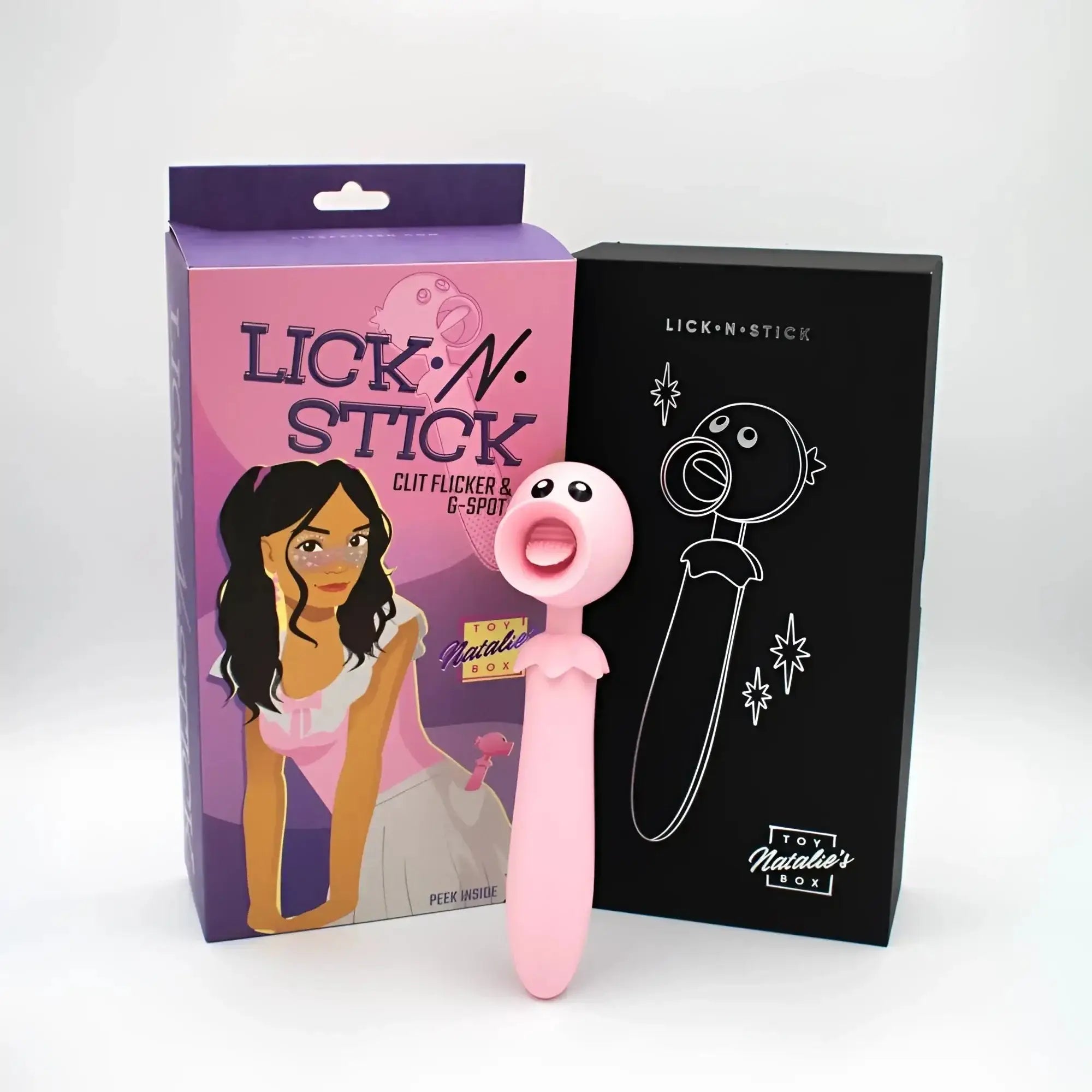 Pink silicone clit flicker and g-spot vibrator with cartoon face and open mouth from Natalies Toy Box lick n stick collection