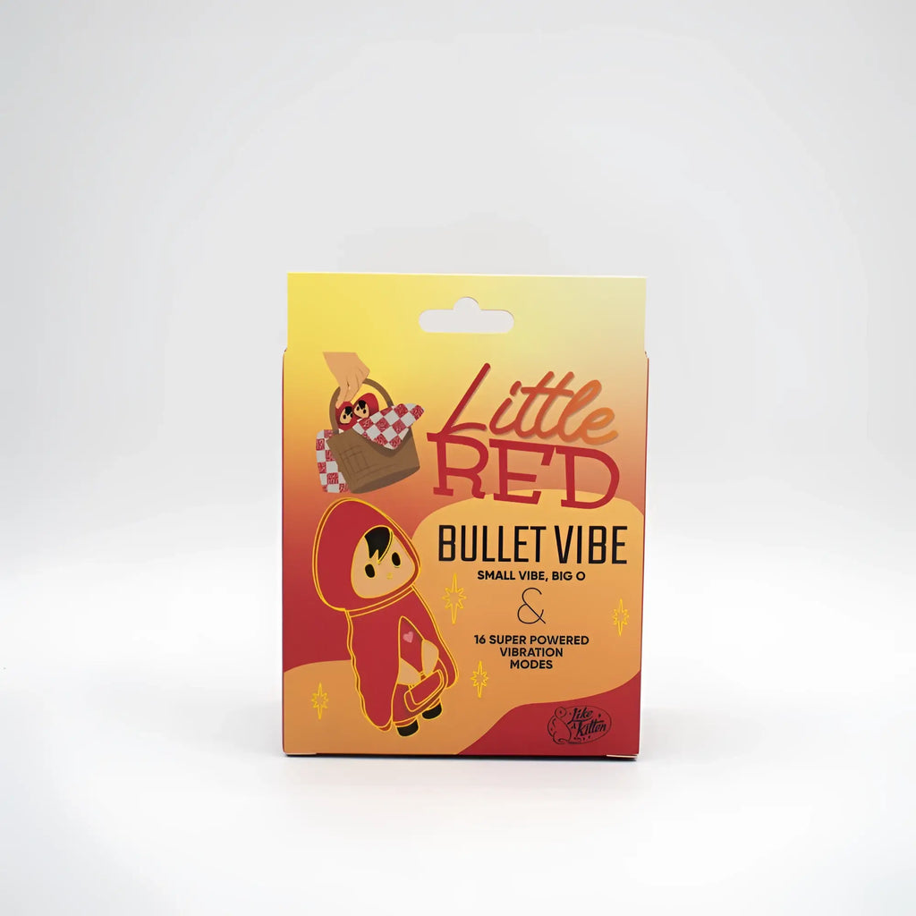 Natalies toy box little red bullet vibrator in vibrant orange and red packaging with cartoon character design