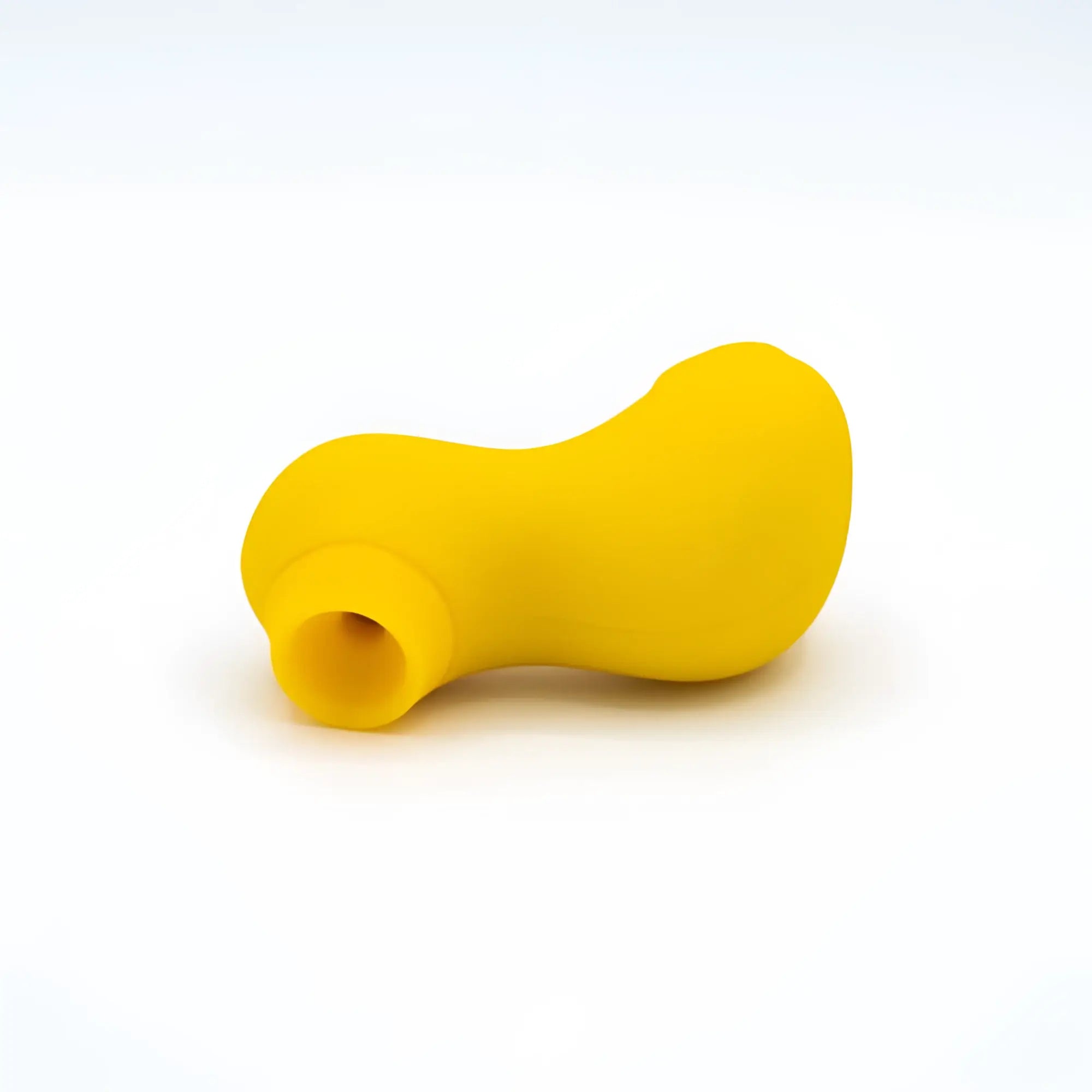 Bright yellow silicone suction stimulator toy with smooth rounded body and open-ended cylindrical tip from Natalies Toy Box