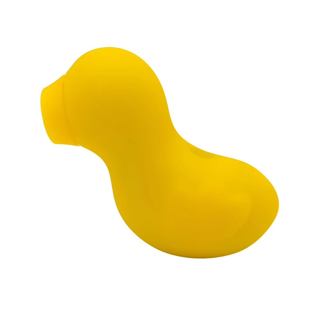 A bright yellow smooth silicone duck-shaped suction stimulator from natalies toy box called lucky duck