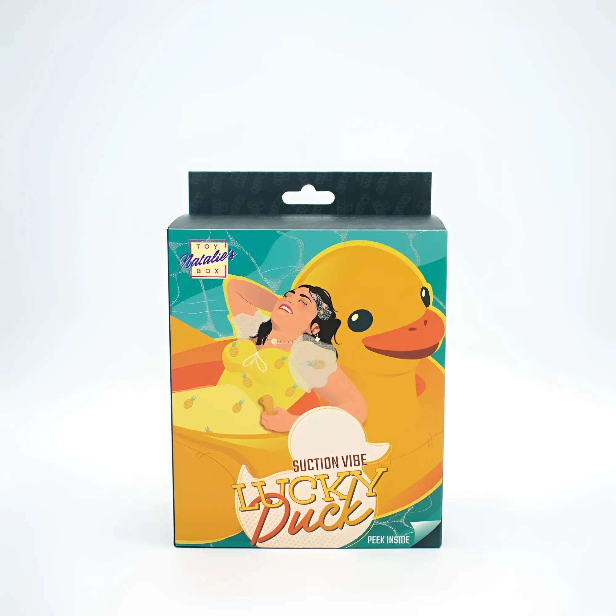 Yellow rubber duck-shaped suction vibe toy in colorful illustrated box from natalies toy box lucky duck stimulator