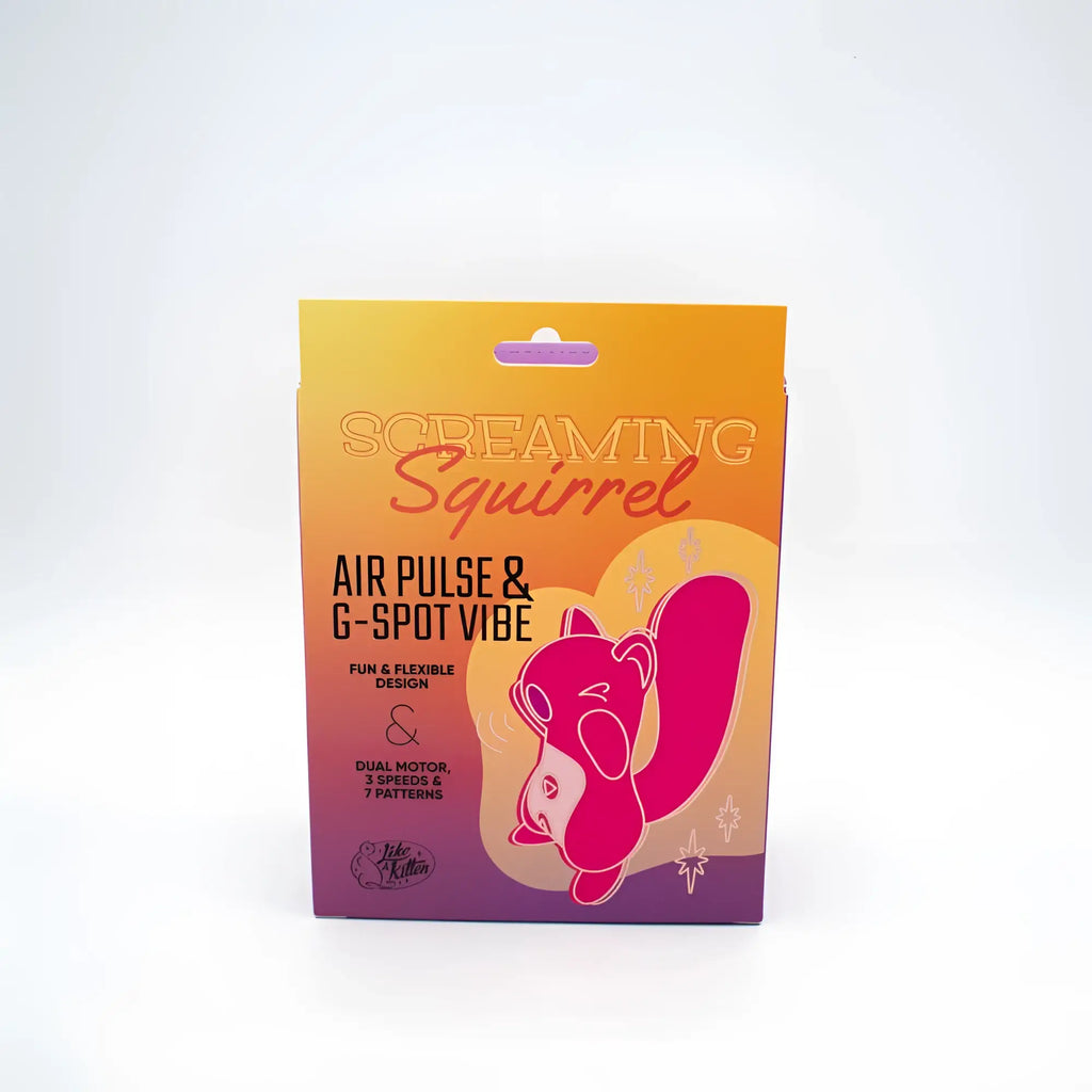 Pink cartoon squirrel-shaped air pulse and g-spot vibrator toy in orange to purple gradient box from Natalies Toy Box