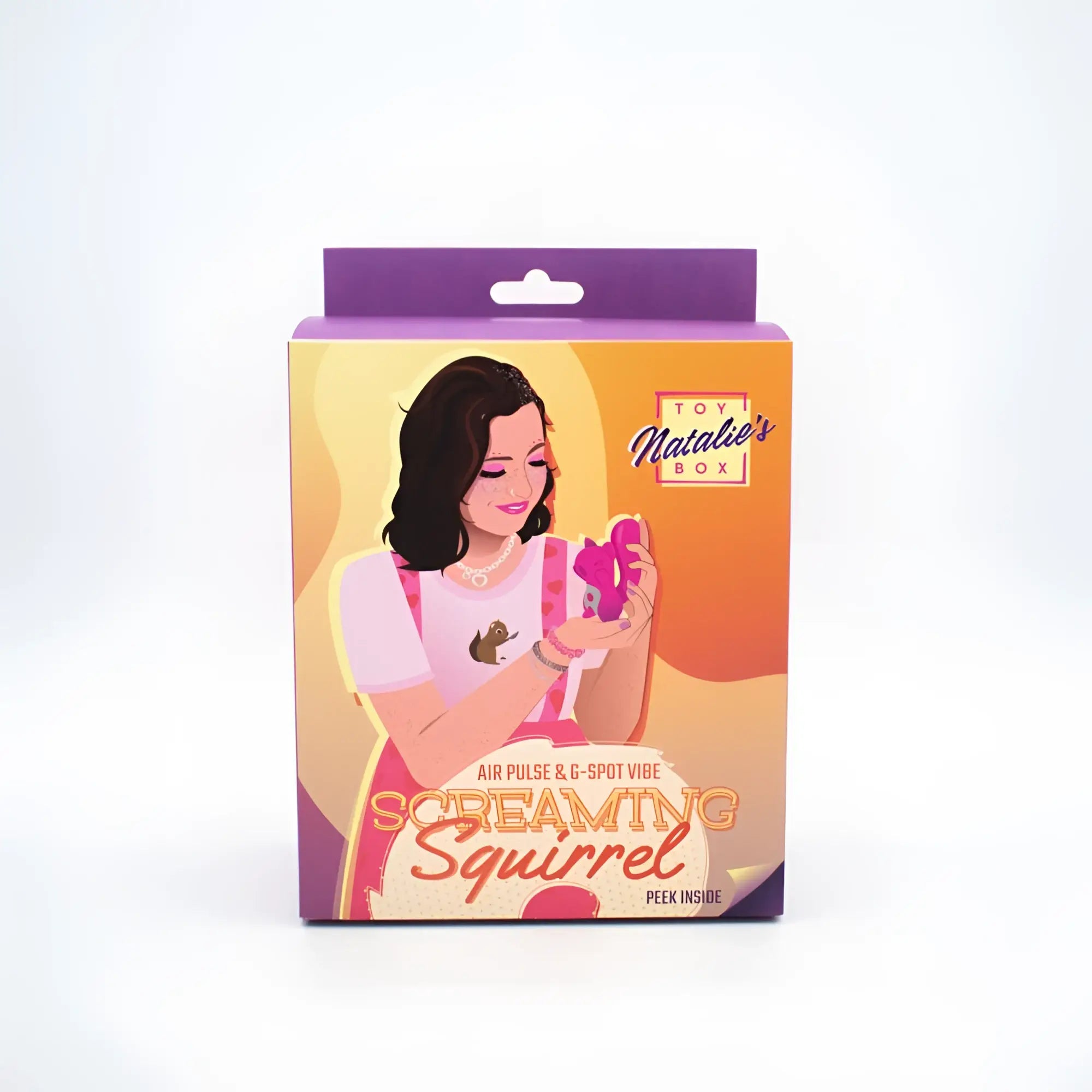 Purple and pink illustrated box for Natalies Toy Box screaming squirrel air pulse and G-spot vibrator packaging