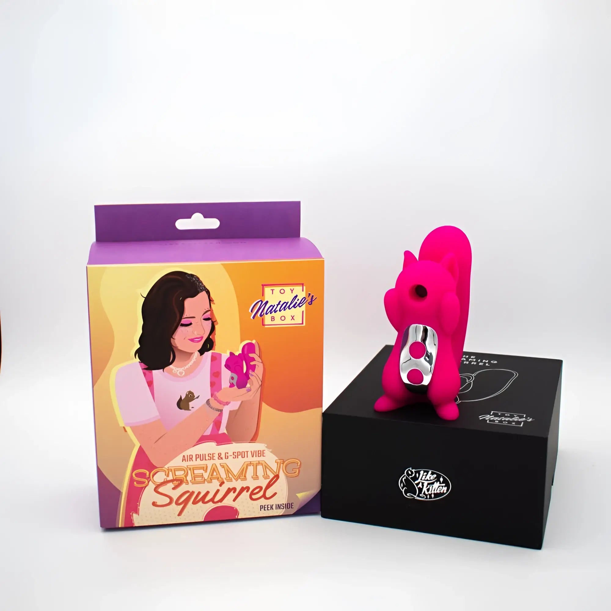Vibrant pink silicone squirrel-shaped vibrator with silver metallic base and two buttons from natalies toy box screaming squirrel air pulse and g-spot vibrator