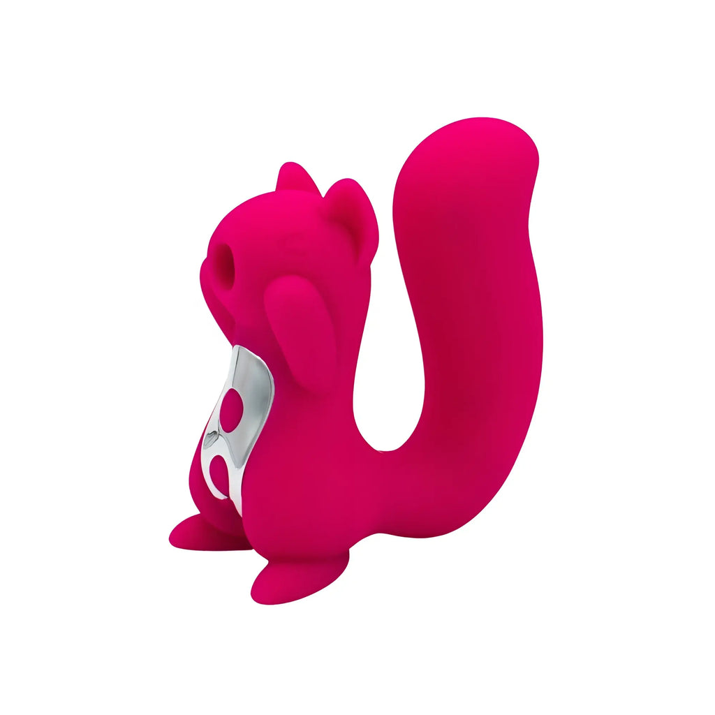 Vibrant pink silicone natalies toy box screaming squirrel air pulse and g-spot vibrator with silver metallic belly accent