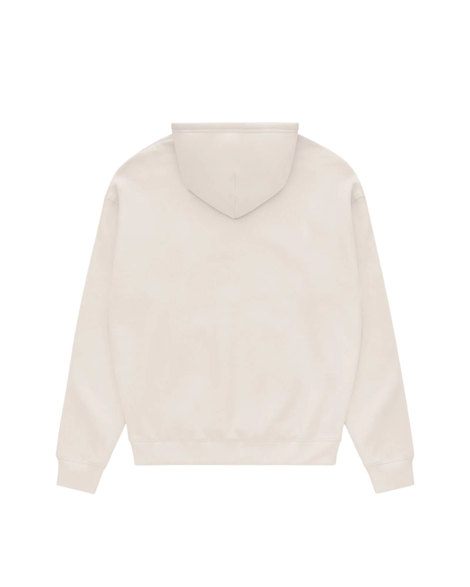 Back view of a plain, cream-colored Core hoodie with long sleeves and ribbed cuffs, isolated on a white background.