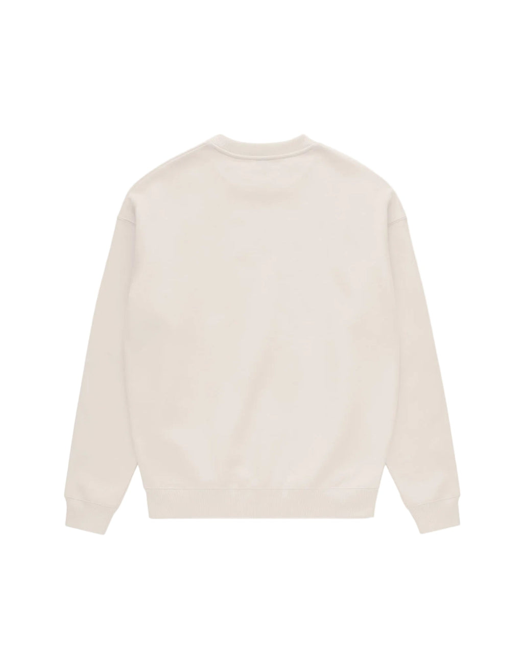 Back view of a cream-colored crewneck sweatshirt with ribbed cuffs and hem, isolated on a white background.