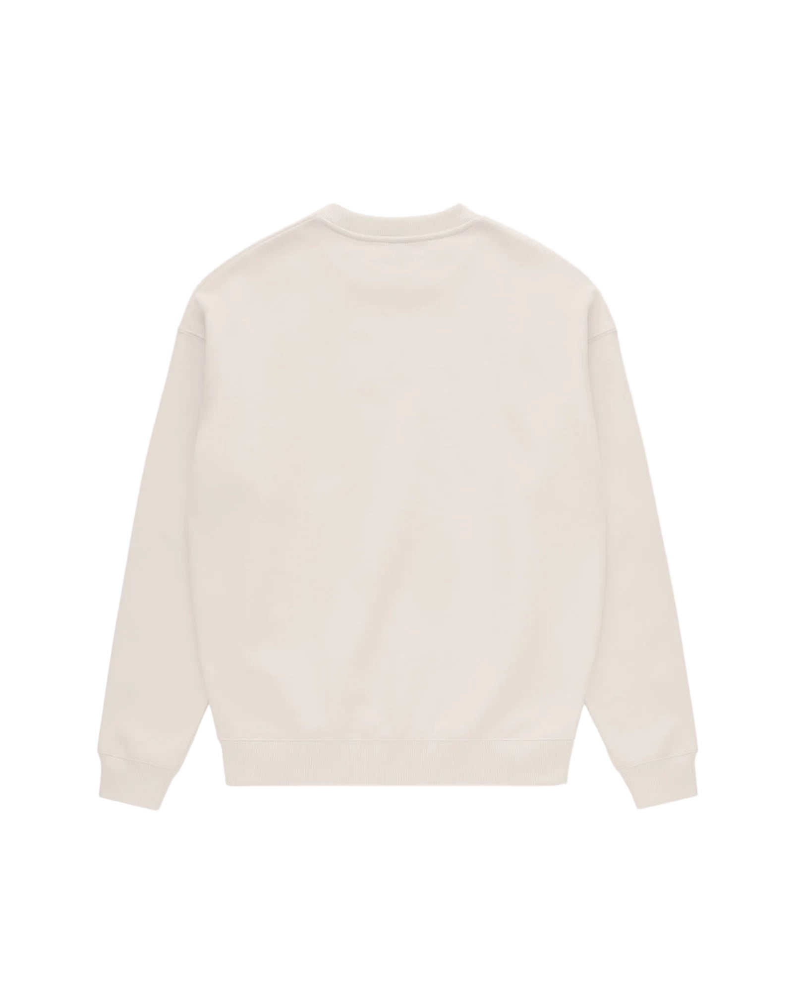 Back view of a cream-colored crewneck sweatshirt with ribbed cuffs and hem, isolated on a white background.
