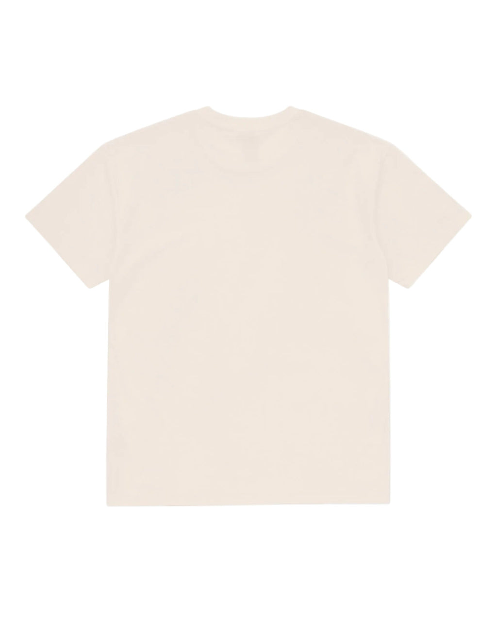 Back view of a plain, cream-colored short-sleeve crewneck tee with a classic, relaxed fit.