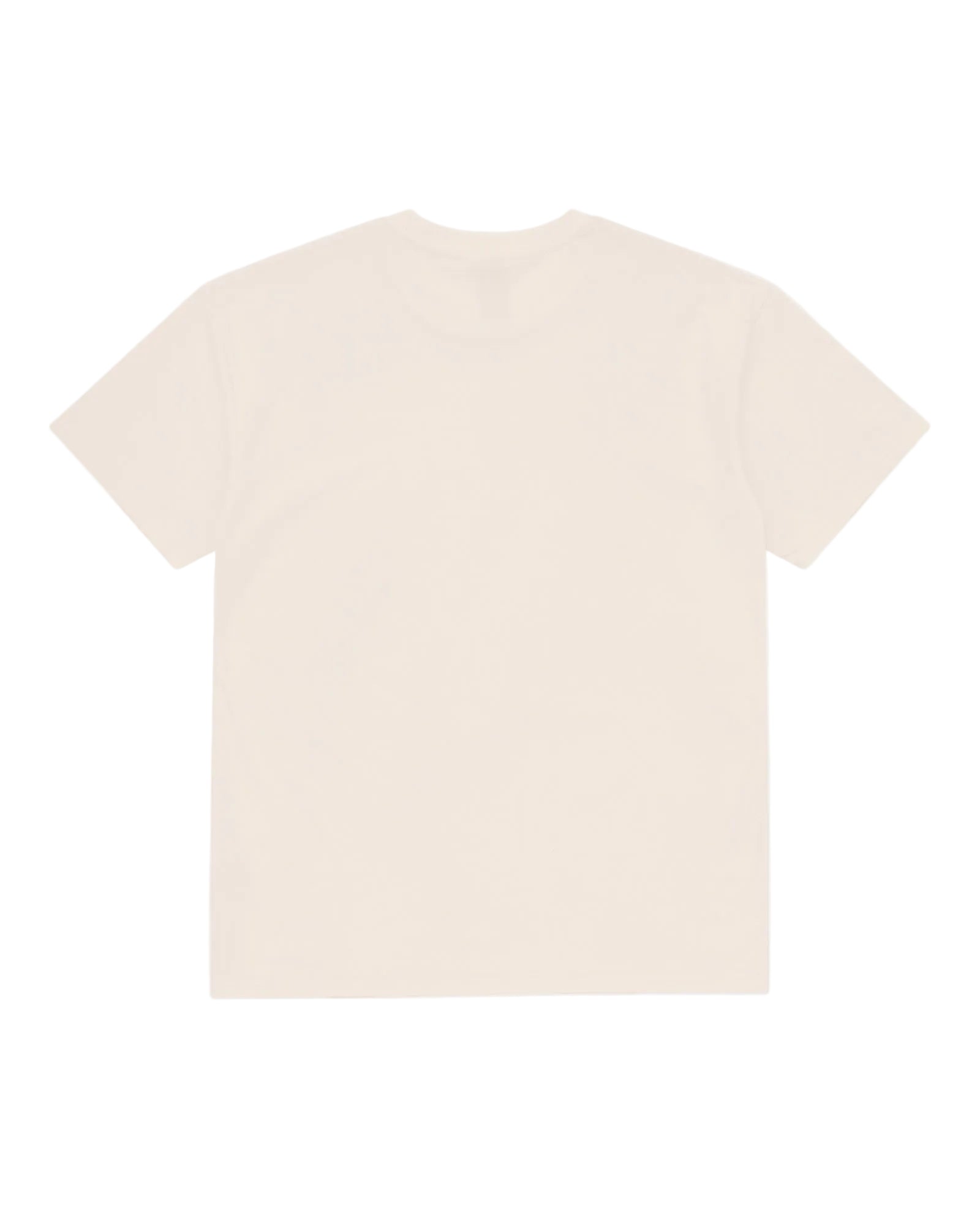 Back view of a plain, cream-colored short-sleeve crewneck tee with a classic, relaxed fit.