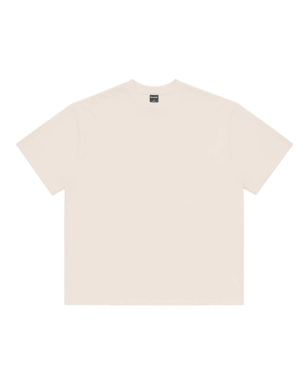 Cream-colored premium crew-neck t-shirt with a relaxed, boxy fit and a black interior brand label at the neckline.