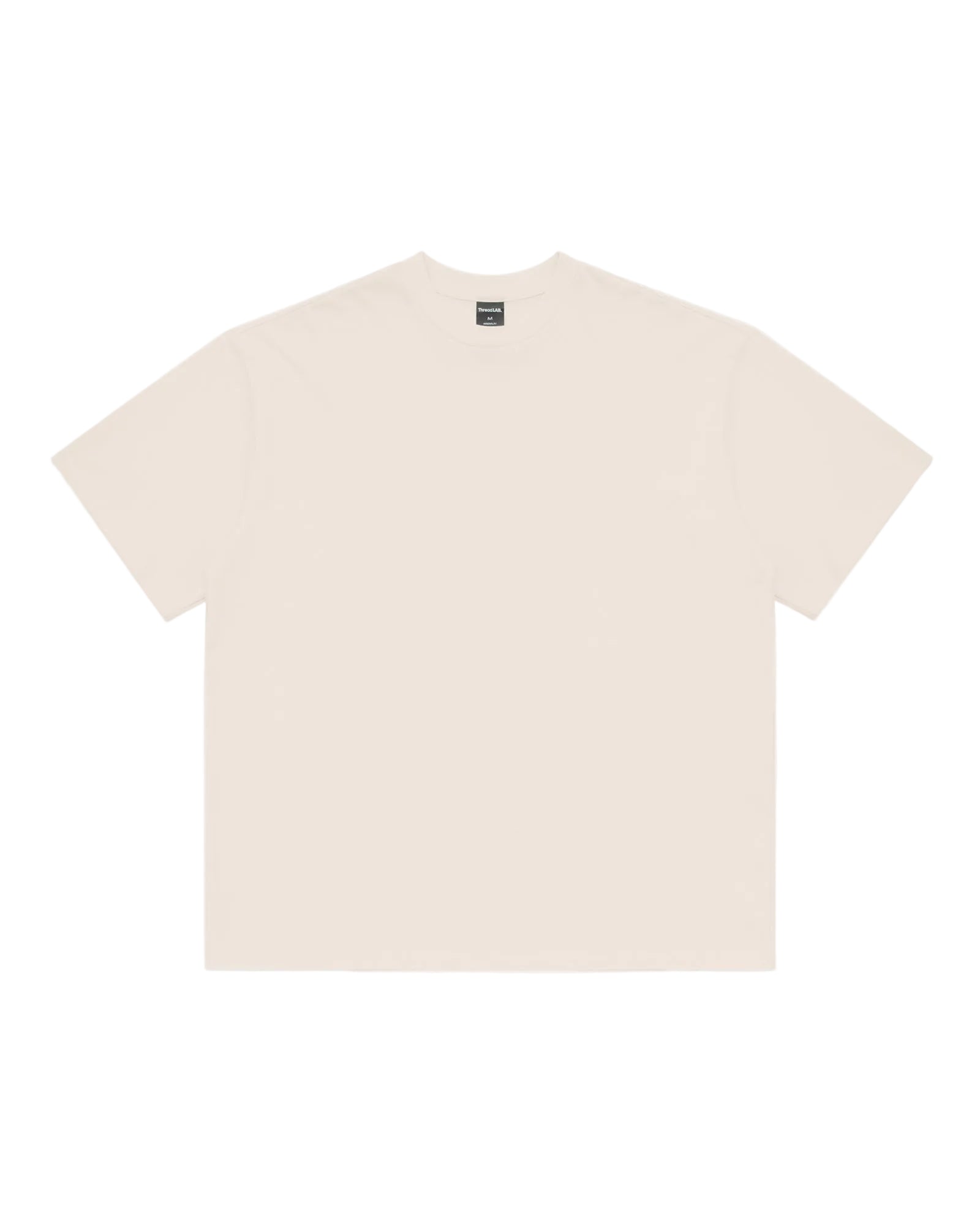 Cream-colored premium crew-neck t-shirt with a relaxed, boxy fit and a black interior brand label at the neckline.