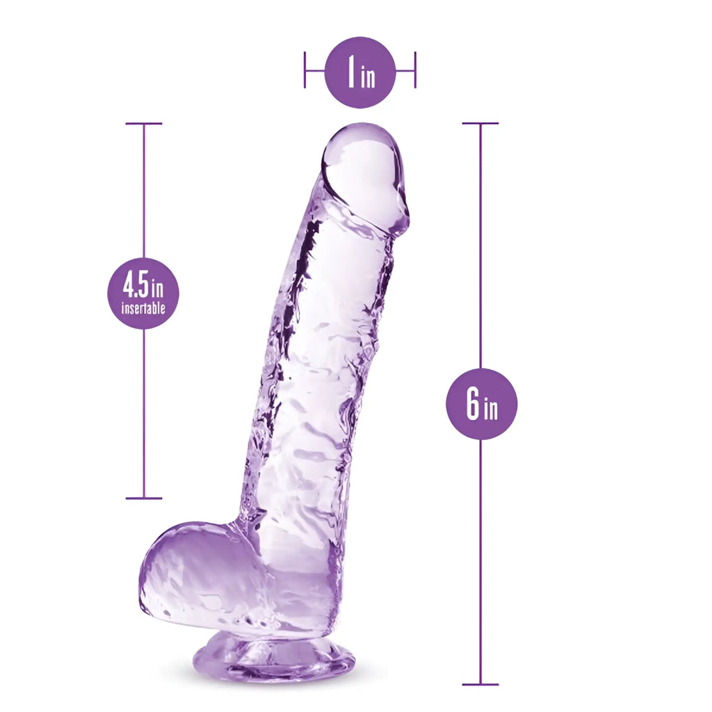 Naturally yours 6 inch crystalline dildo amethyst is a purple translucent silicone dildo with textured surface and rounded base