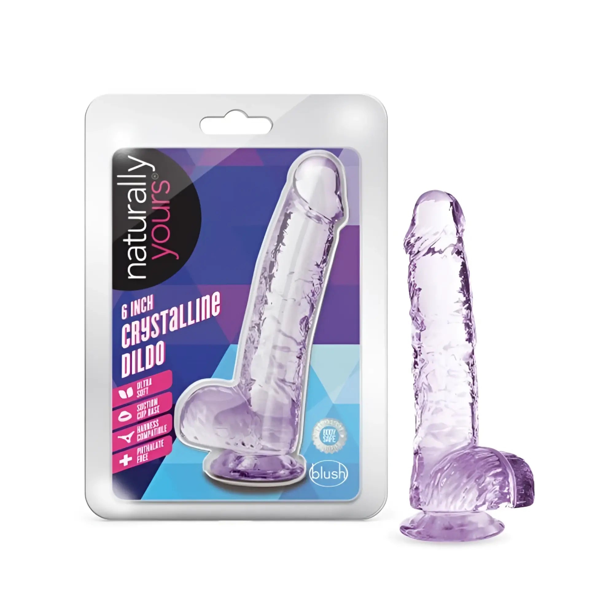 Naturally yours 6 inch crystaline dildo amethyst is a translucent purple textured silicone dildo with suction cup base by blush