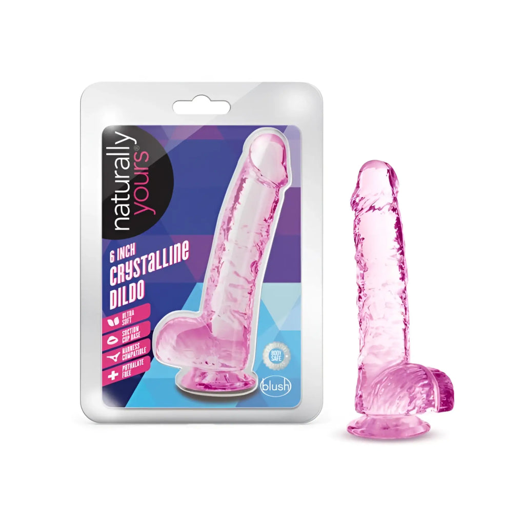 Pink crystalline dildo by blush made of rose-colored crystal for intimate use naturally yours 6-inch model