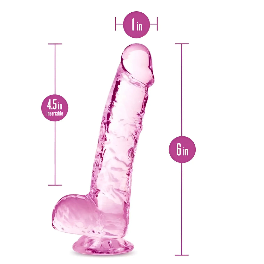 Pink translucent silicone dildo with textured surface and rounded base naturally yours 6 inch crystaline dildo rose