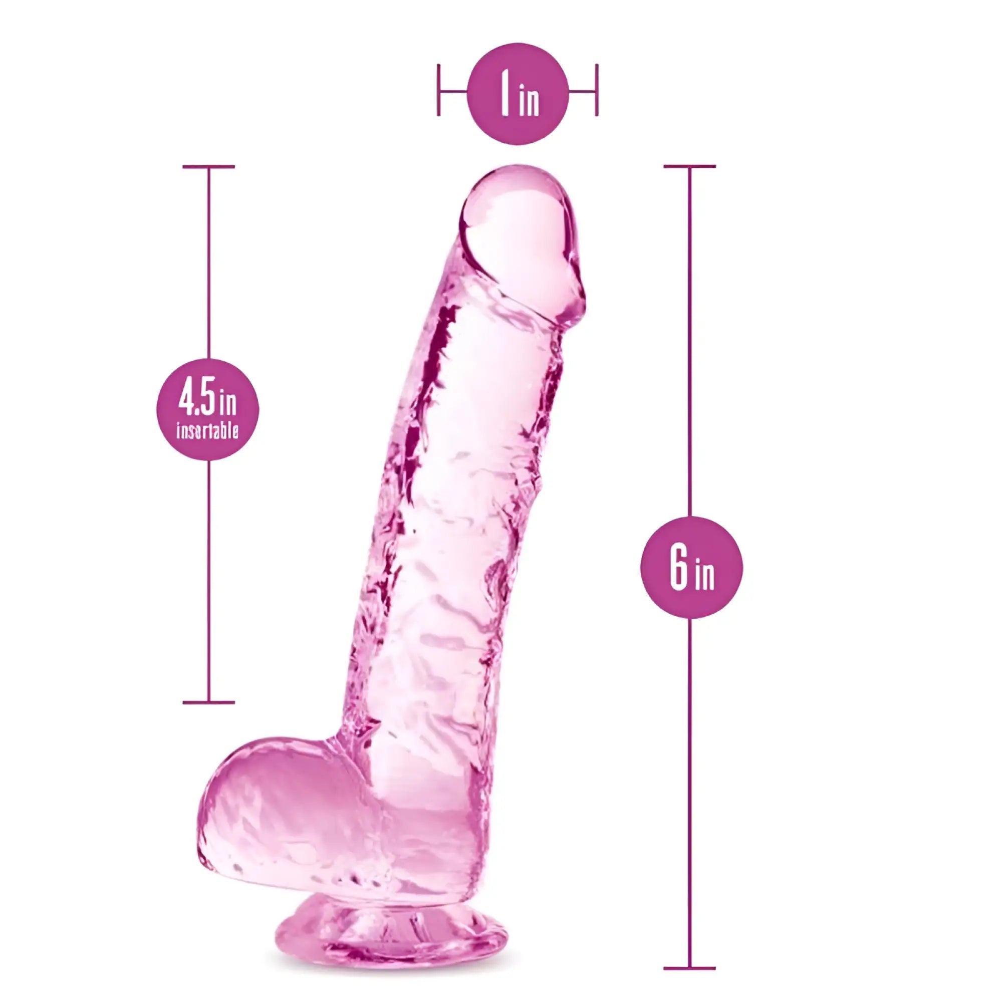 Pink translucent silicone dildo with textured surface and rounded base naturally yours 6 inch crystaline dildo rose