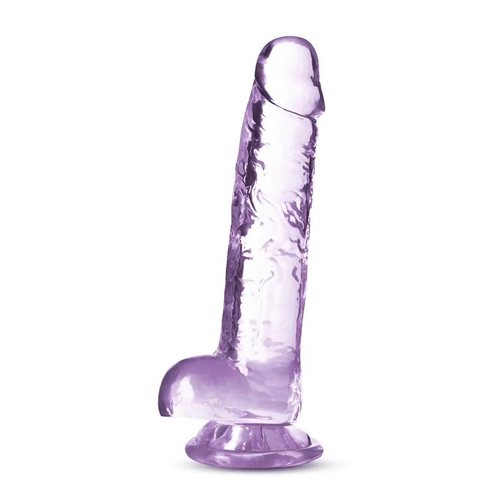 Naturally yours 7 inch crystalline dildo amethyst is a translucent purple silicone toy with a ridged textured surface and rounded base