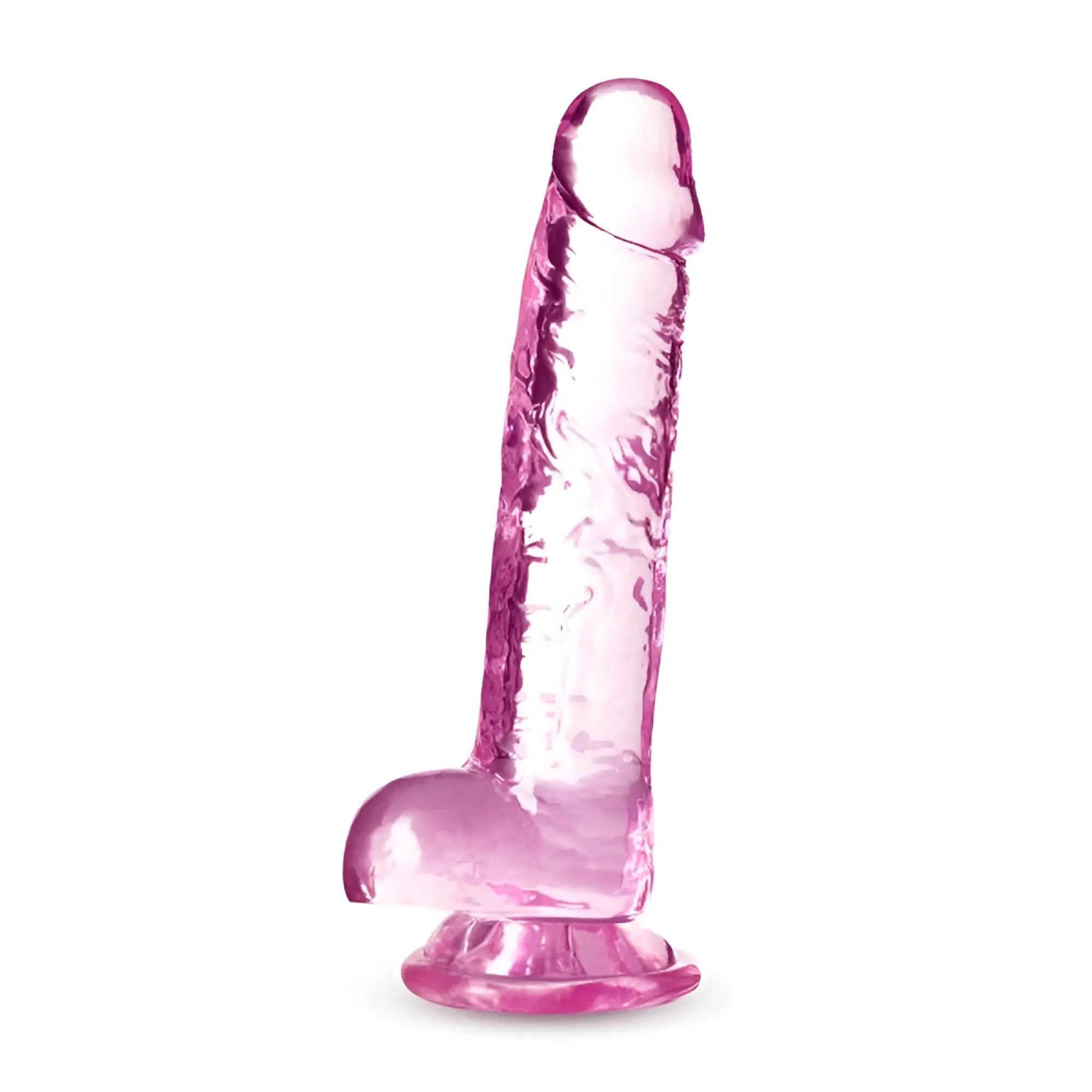 Pink translucent silicone dildo with textured surface and rounded base from naturally yours 7 inch crystalline rose