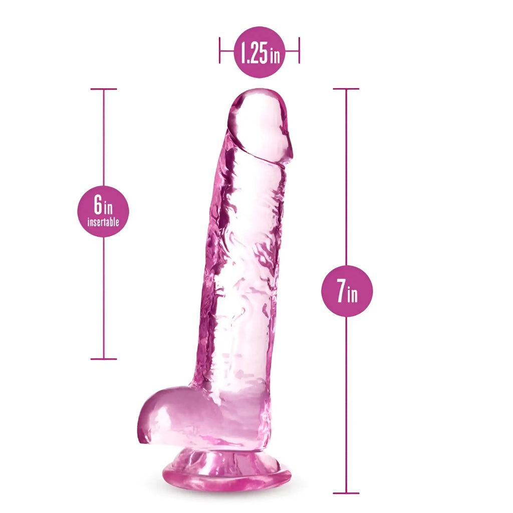 Pink translucent silicone dildo with textured surface and rounded base naturally yours 7 inch crystalline rose