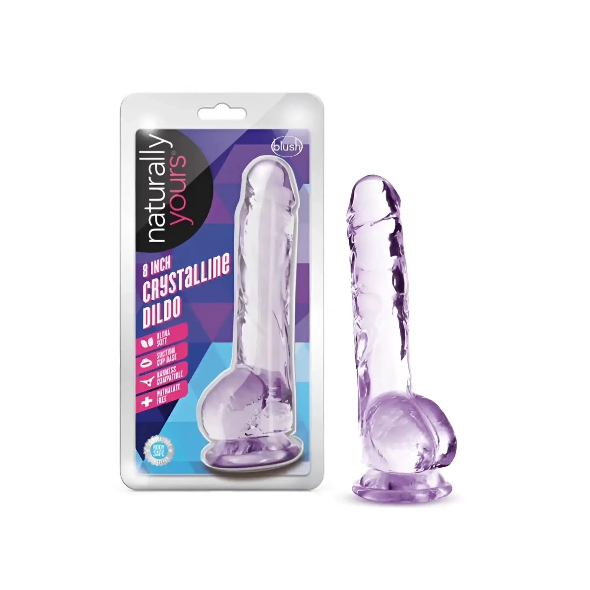Naturally yours 8 inch crystaline dildo by blush in translucent purple with textured surface and rounded base