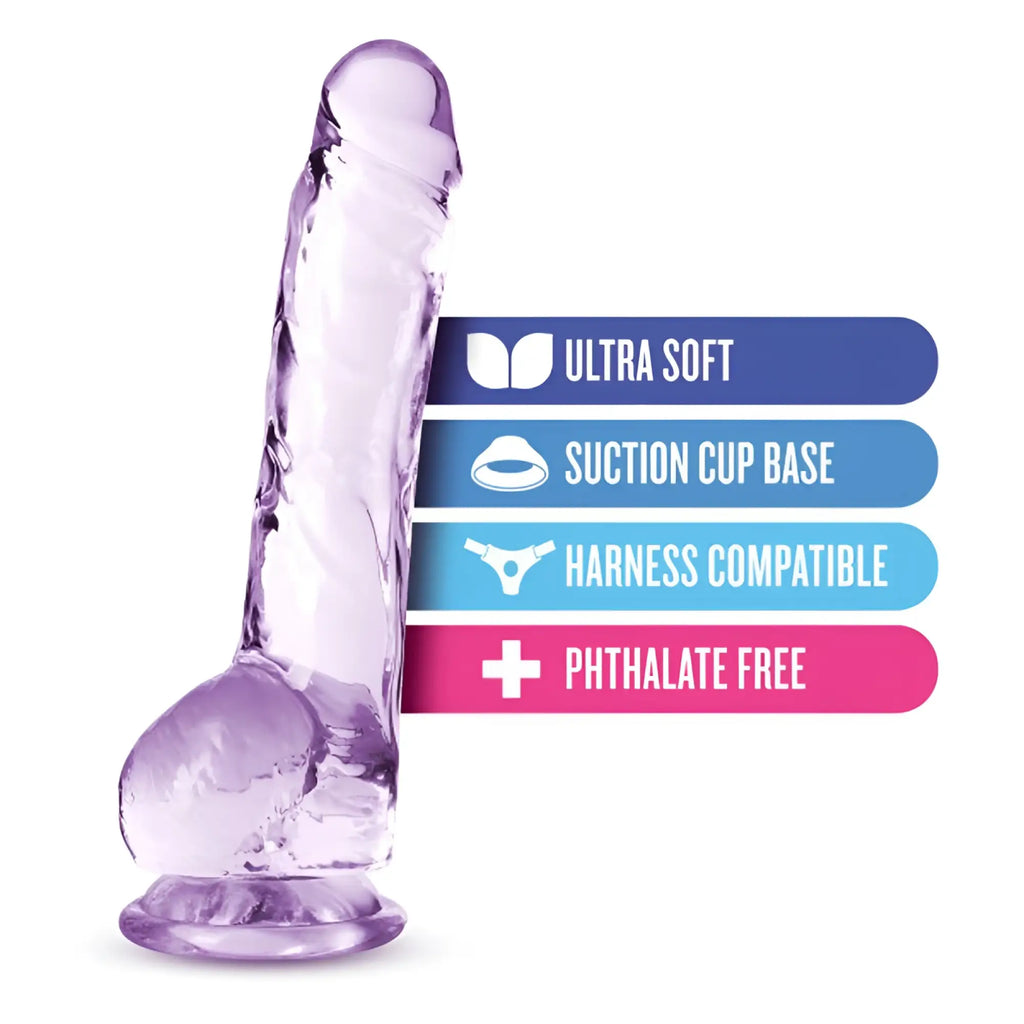 Naturally Yours 8 inch crystaline lavender silicone dildo with suction cup base and harness compatibility