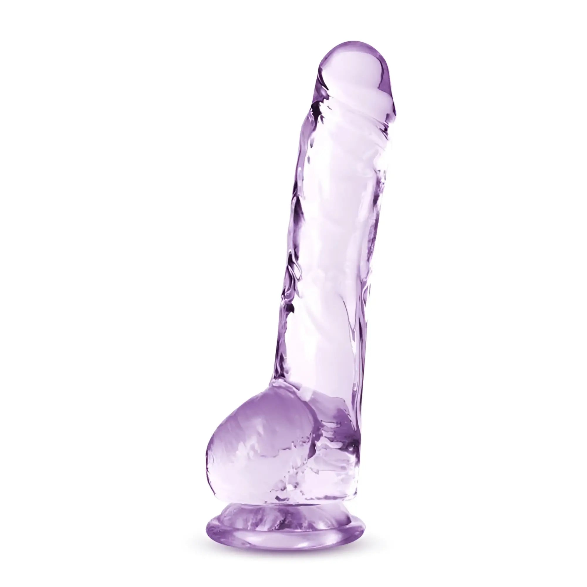 Naturally Yours 8 inch amethyst dildo made of transparent purple silicone with textured surface and rounded base