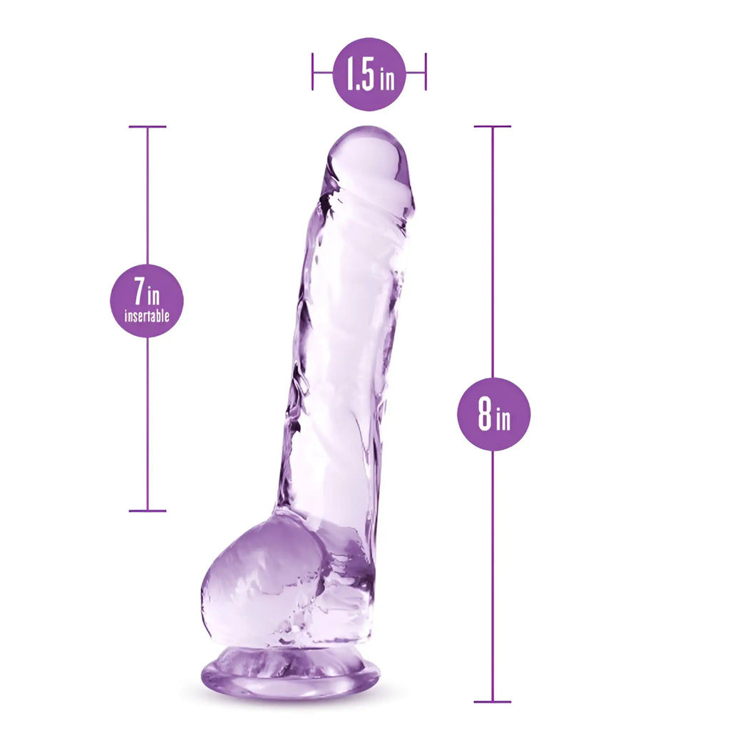 Naturally Yours 8 inch crystaline dildo in transparent purple silicone with textured ridges and rounded base