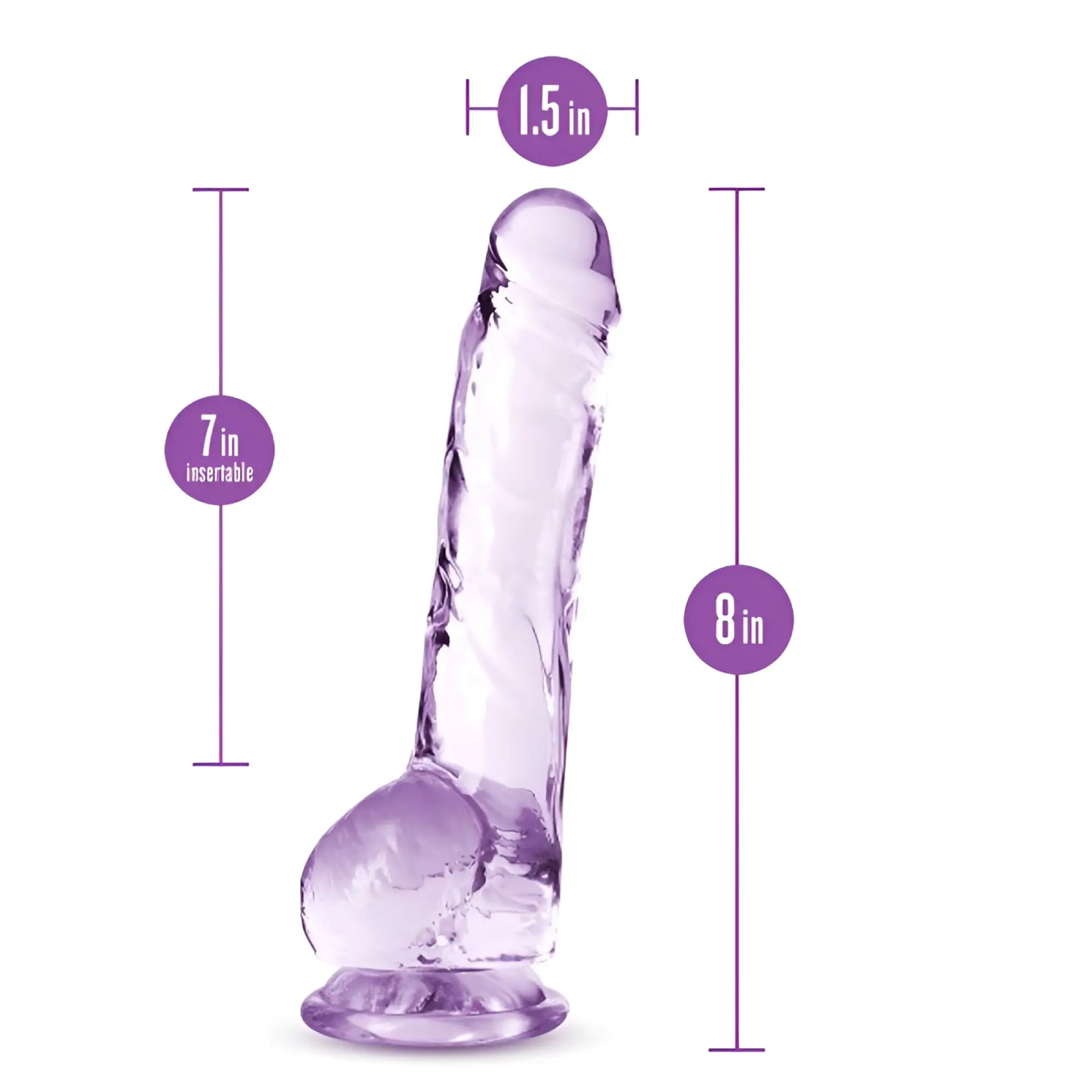 Naturally Yours 8 inch crystaline dildo in transparent purple silicone with textured ridges and rounded base