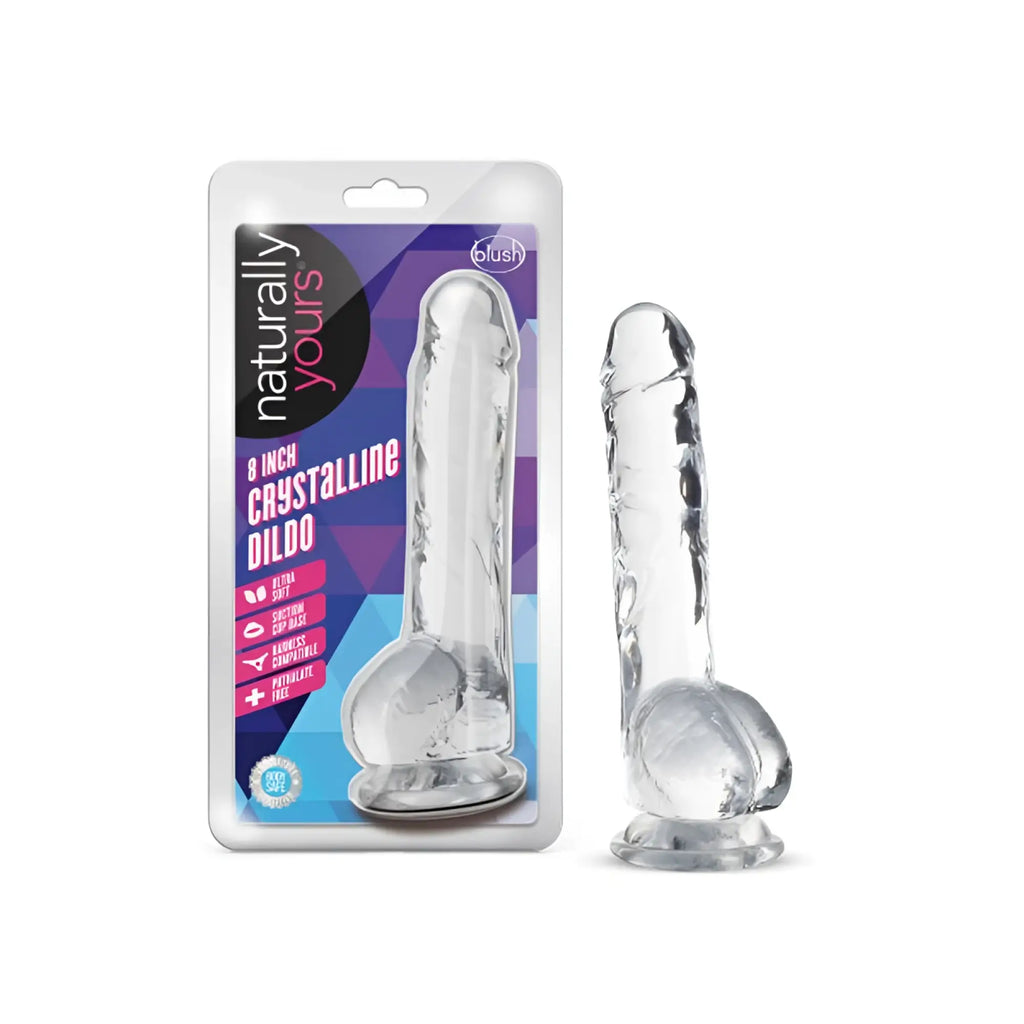 Naturally yours 8 inch crystalline dildo made of clear transparent silicone with textured grip and rounded base
