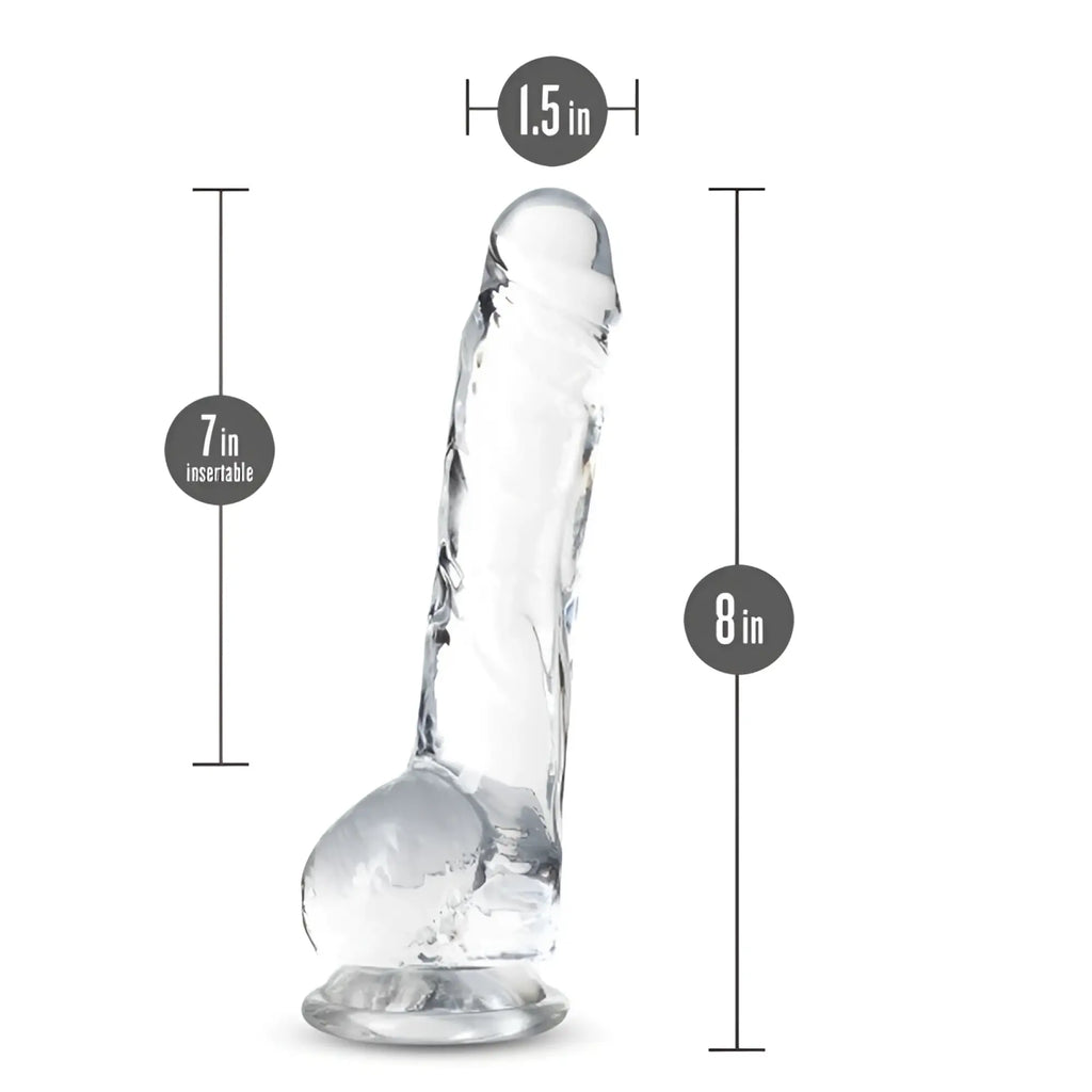 Naturally Yours 8 inch crystalline dildo is a clear transparent silicone toy with a realistic design and textured surface